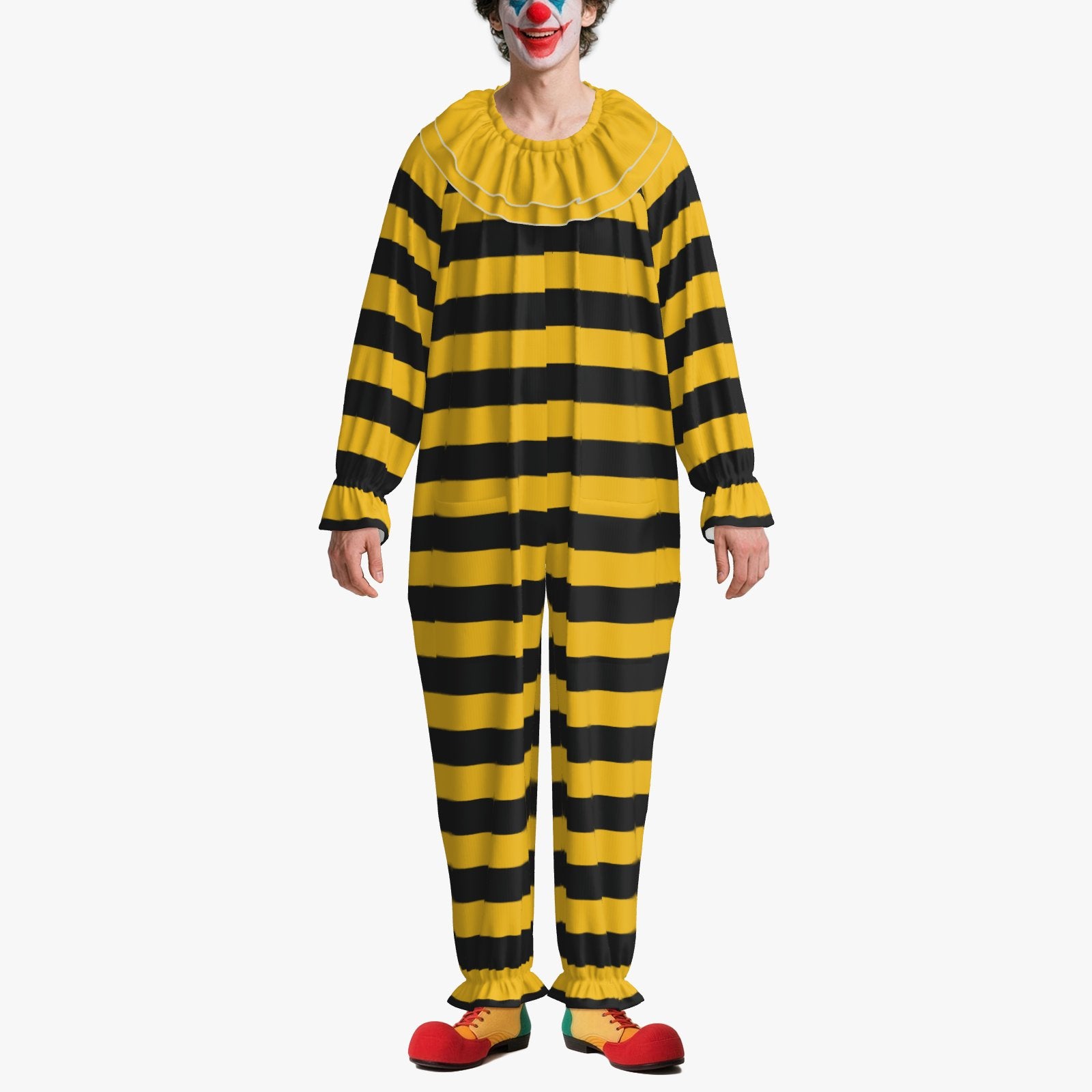 Circus Coveralls Bee Stripe Yellow Black clown suit, on-model front view