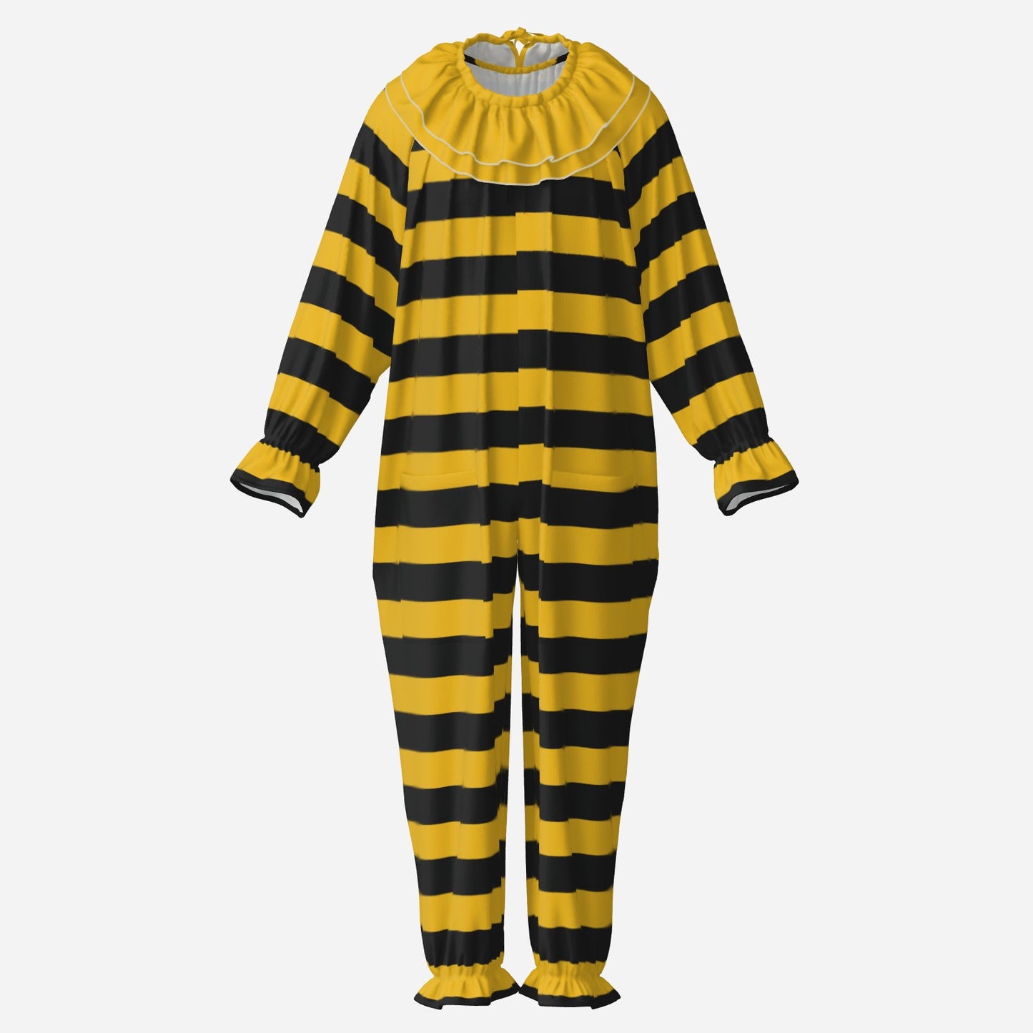 Circus Coveralls Bee Stripe Yellow Black clown suit, ghost mannequin front view