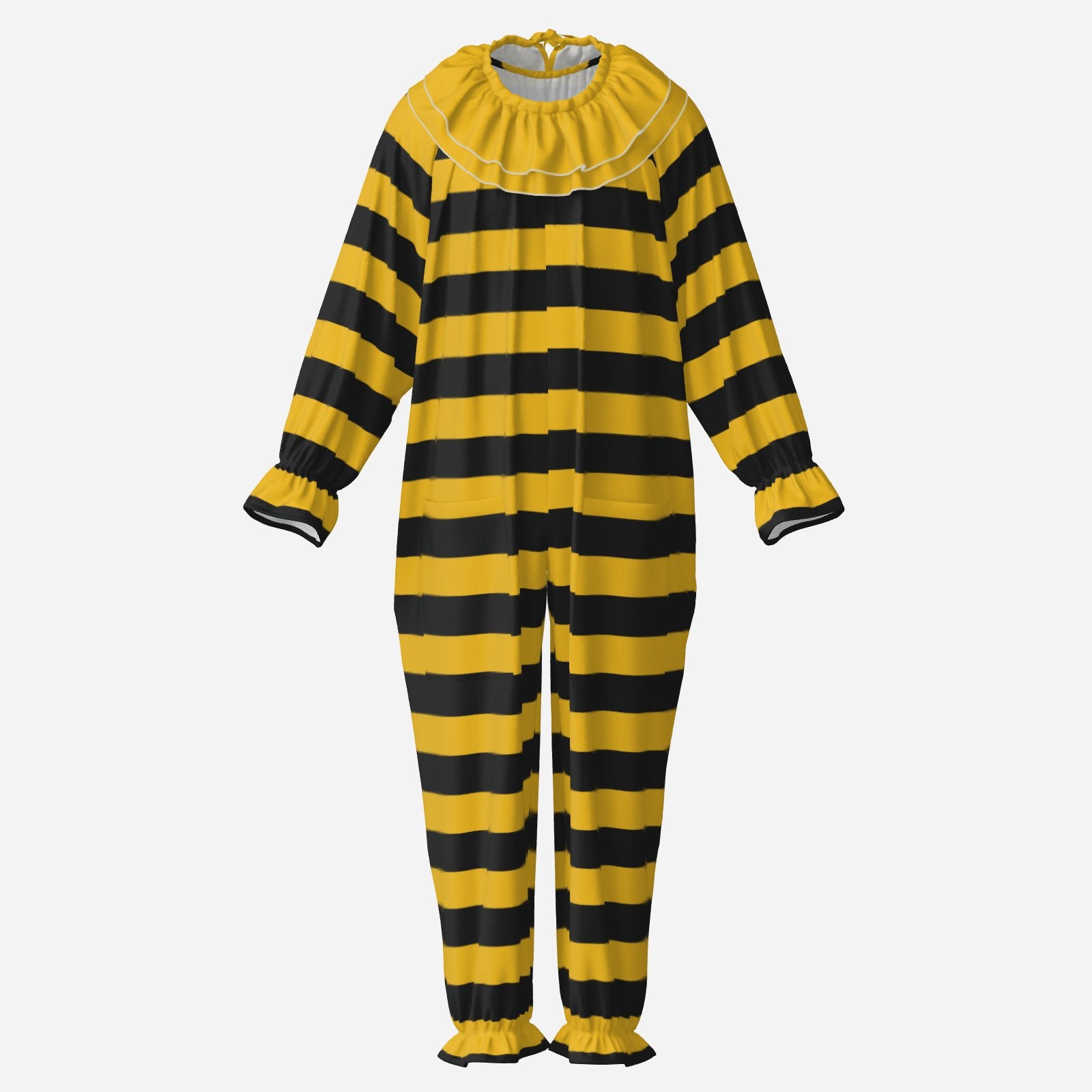 Circus Coveralls Bee Stripe Yellow Black clown suit, ghost mannequin front view