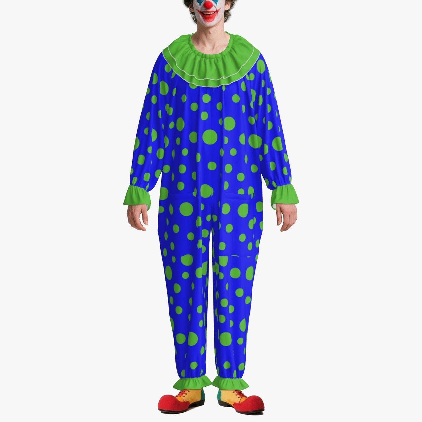 Circus Coveralls Blue Lime Green Polkadot clown suit, on-model front view