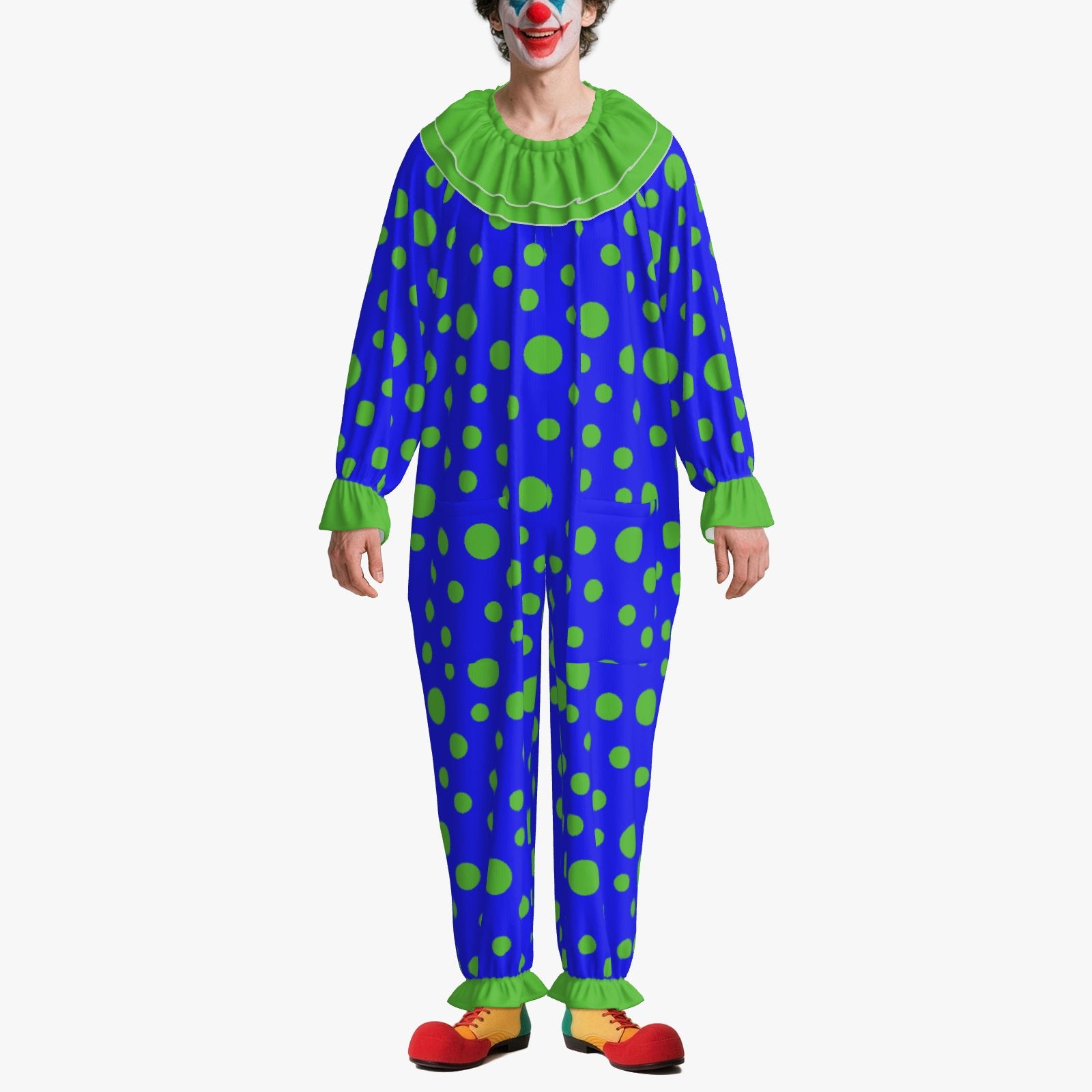 Circus Coveralls Blue Lime Green Polkadot clown suit, on-model front view