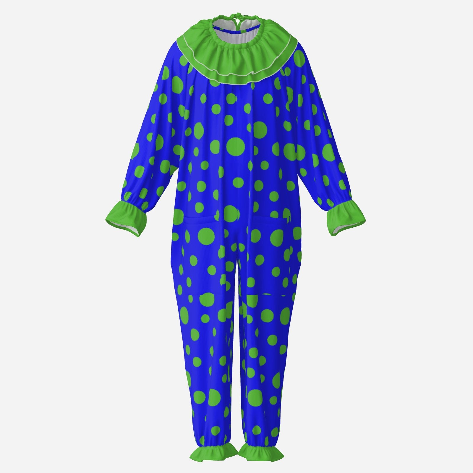 Circus Coveralls Blue Lime Green Polkadot clown suit, ghost mannequin front view
