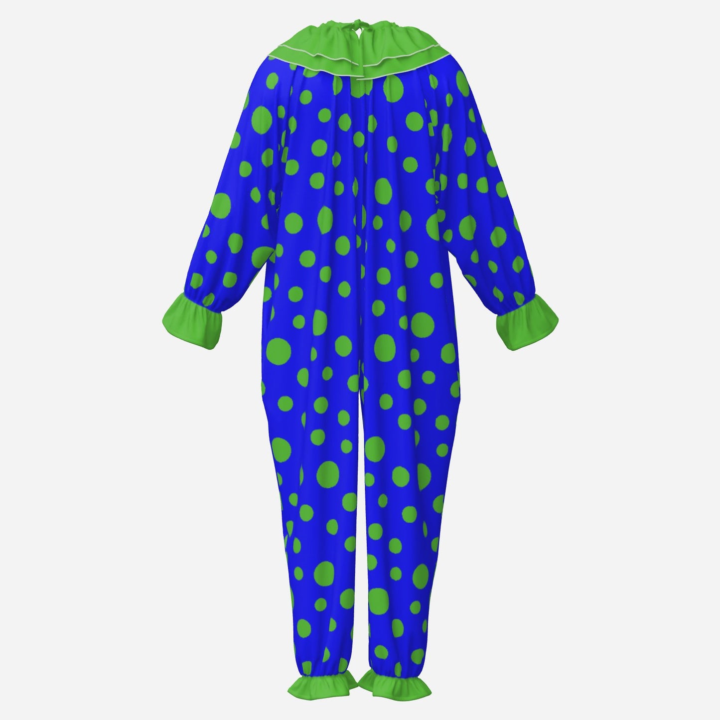 Circus Coveralls Blue Lime Green Polkadot clown suit, ghost mannequin back view