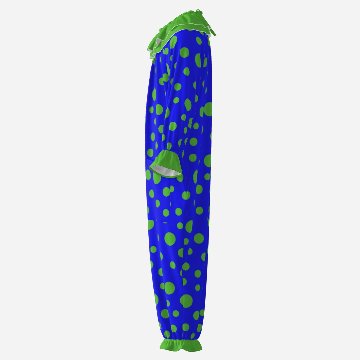 Circus Coveralls Blue Lime Green Polkadot clown suit, side view