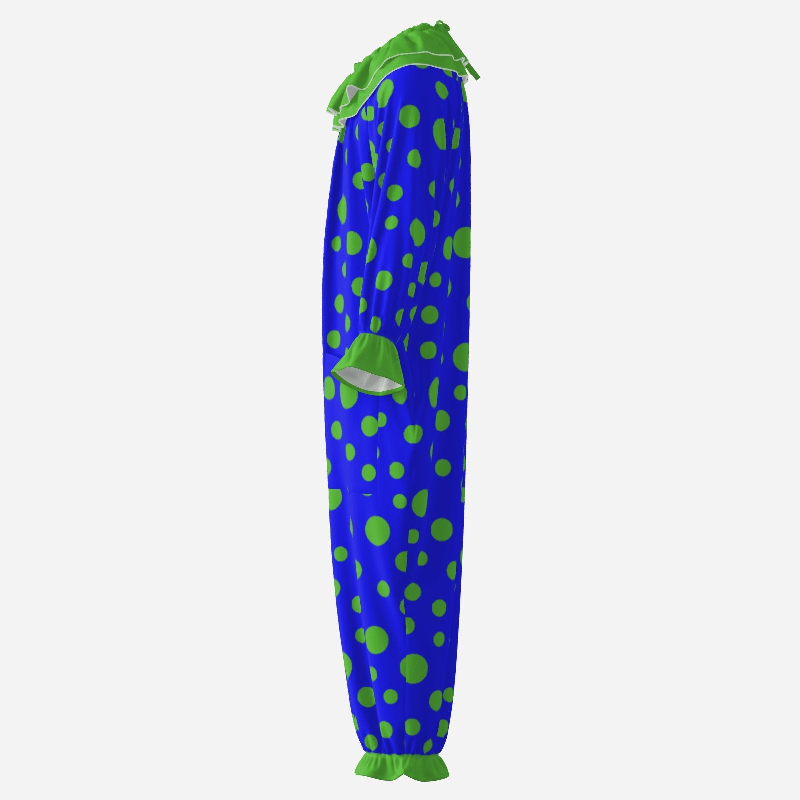 Circus Coveralls Blue Lime Green Polkadot clown suit, side view