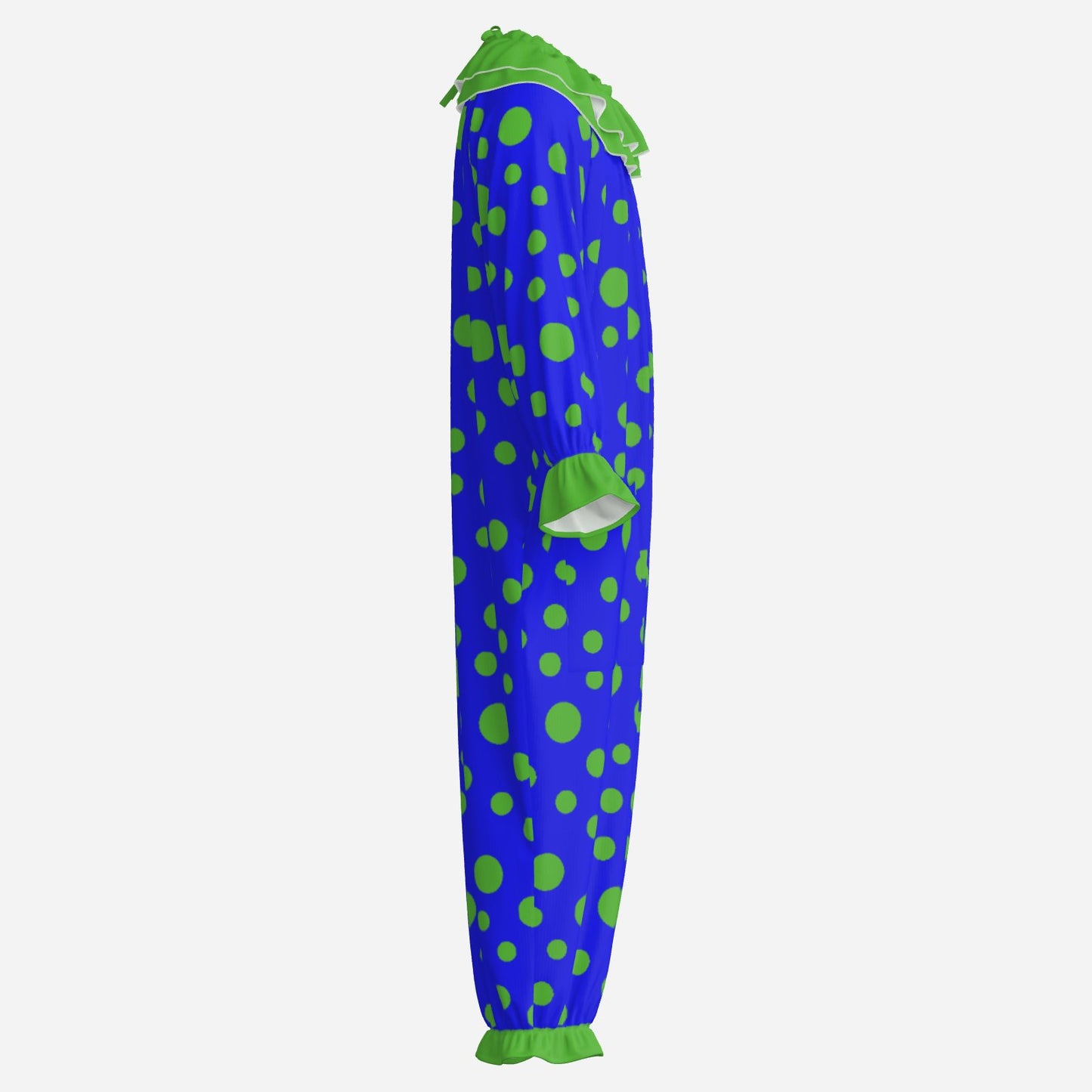 Circus Coveralls Blue Lime Green Polkadot clown suit, side view