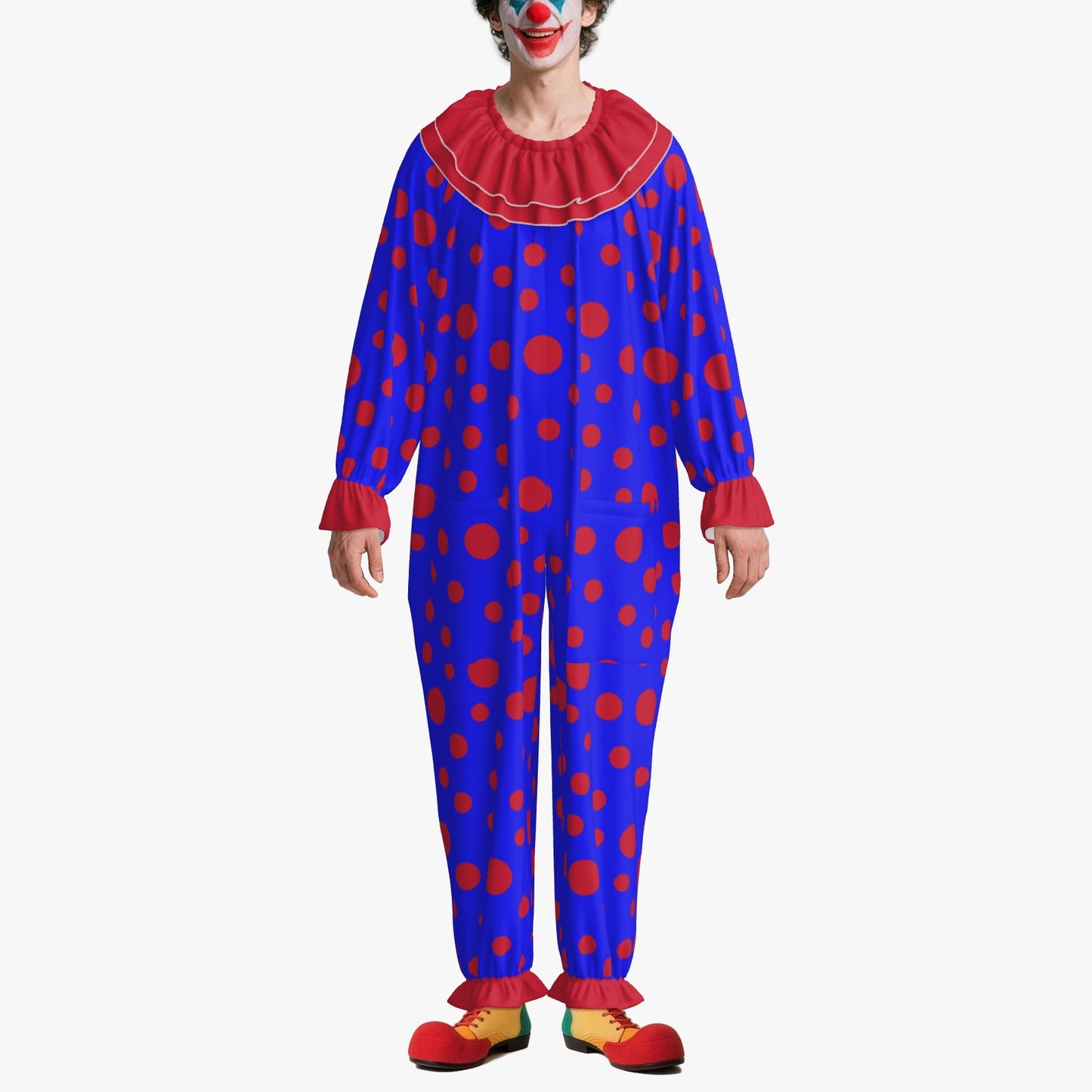 Circus Coveralls Blue Red Polkadots clown suit, on-model front view