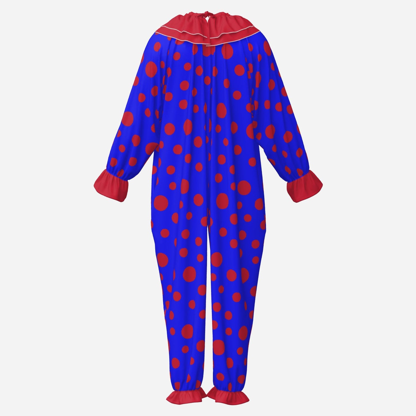 Circus Coveralls Blue Red Polkadots clown suit, ghost mannequin back view