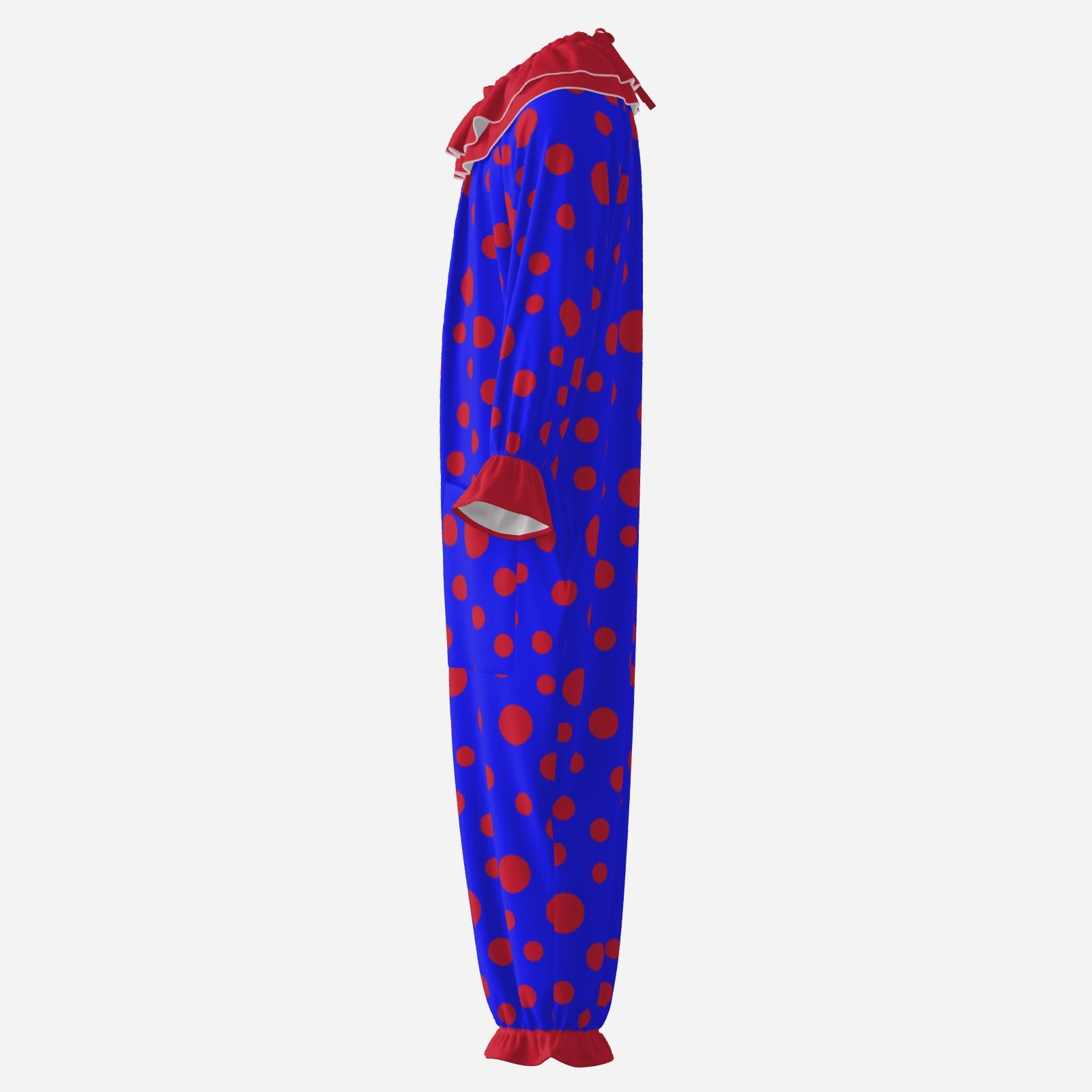 Circus Coveralls Blue Red Polkadots clown suit, side view