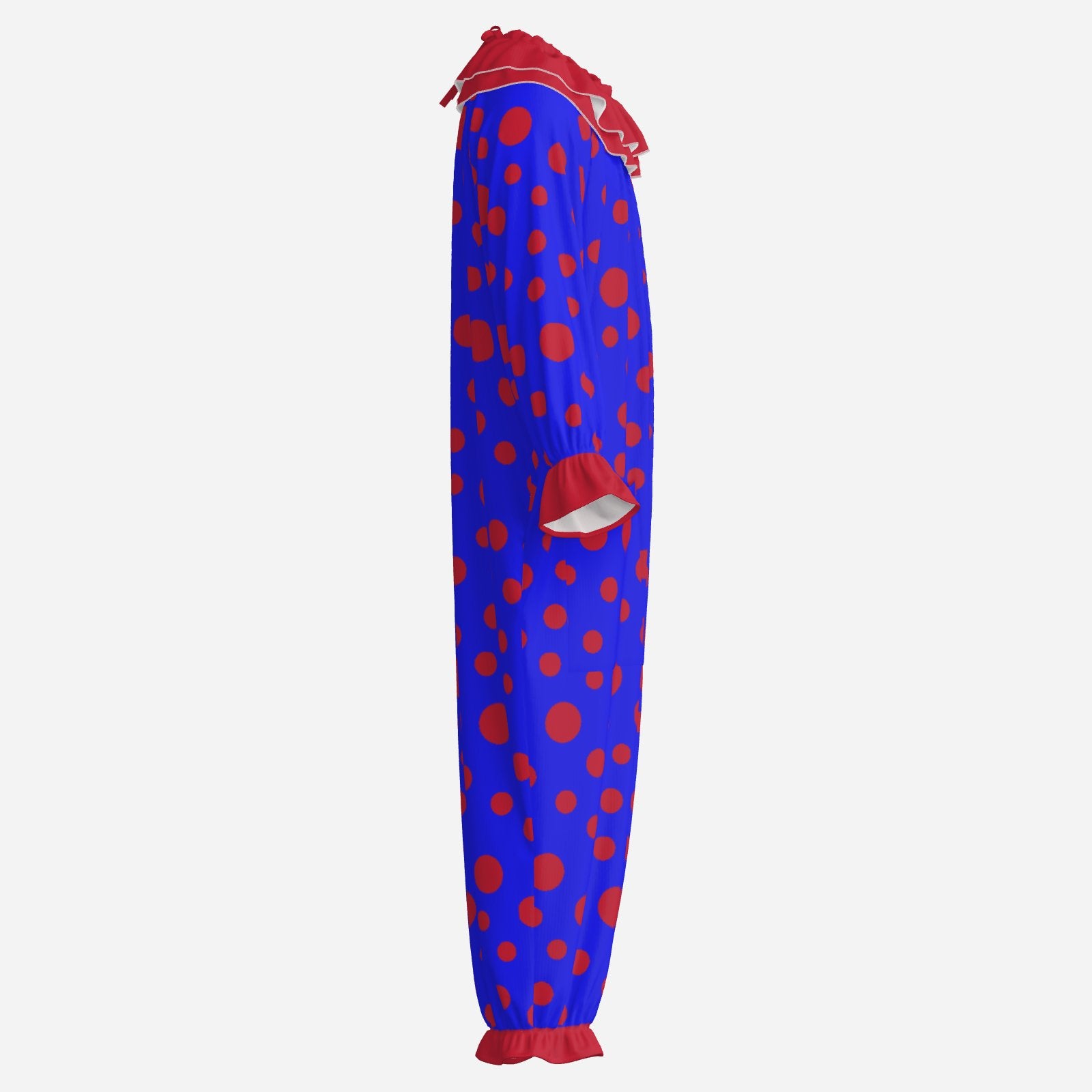 Circus Coveralls Blue Red Polkadots clown suit, side view