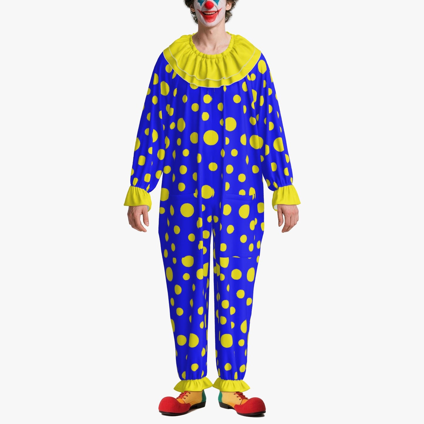 Circus Coveralls Blue Yellow Polkadots clown suit, on-model front view