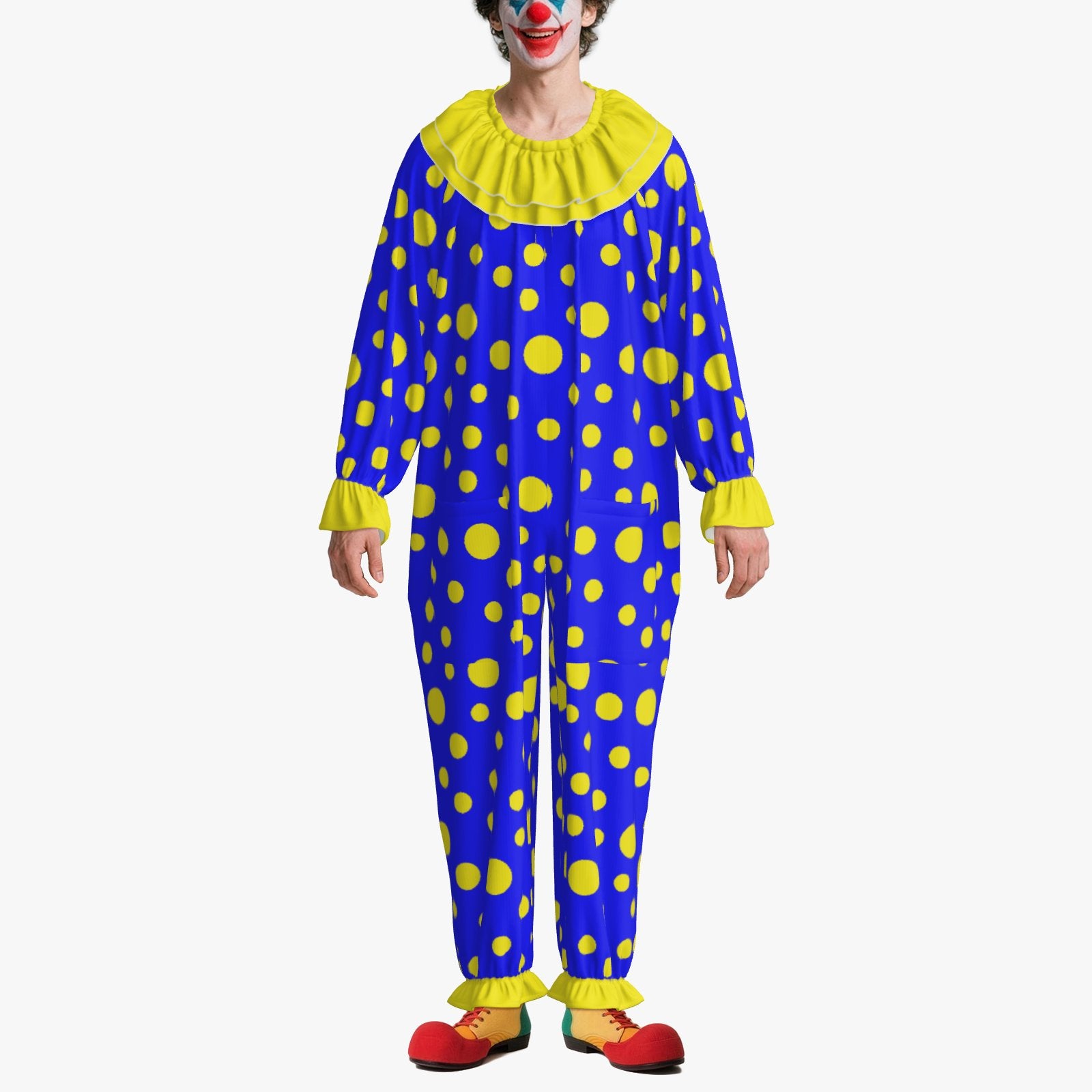 Circus Coveralls Blue Yellow Polkadots clown suit, on-model front view