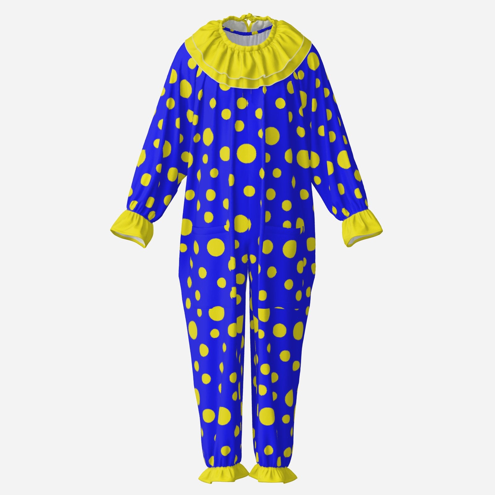 Circus Coveralls Blue Yellow Polkadots clown suit, ghost mannequin front view