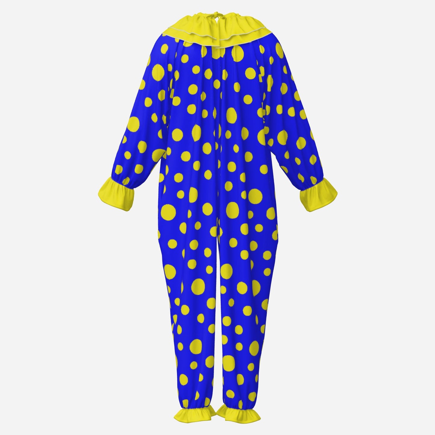 Circus Coveralls Blue Yellow Polkadots clown suit, ghost mannequin back view