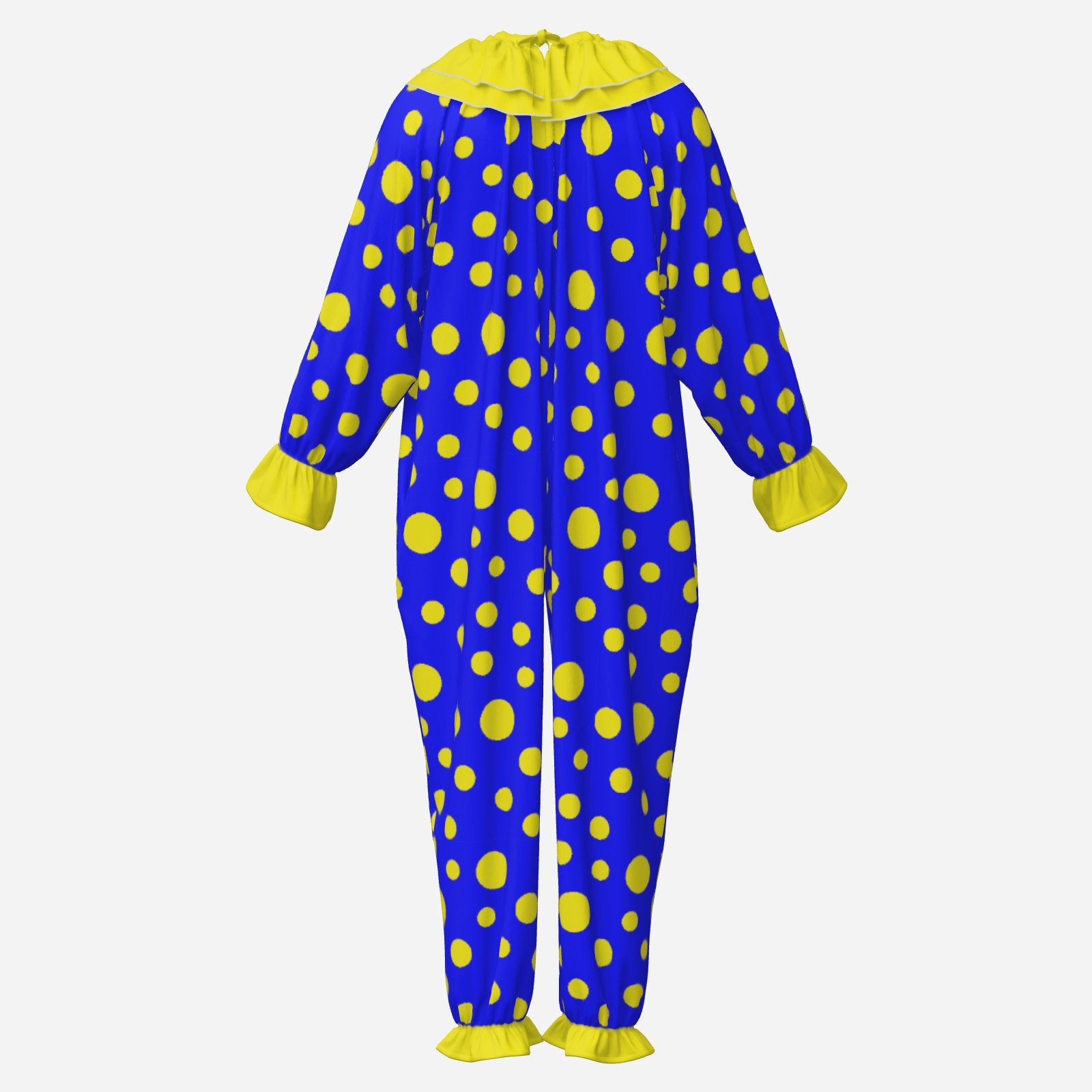 Circus Coveralls Blue Yellow Polkadots clown suit, ghost mannequin back view