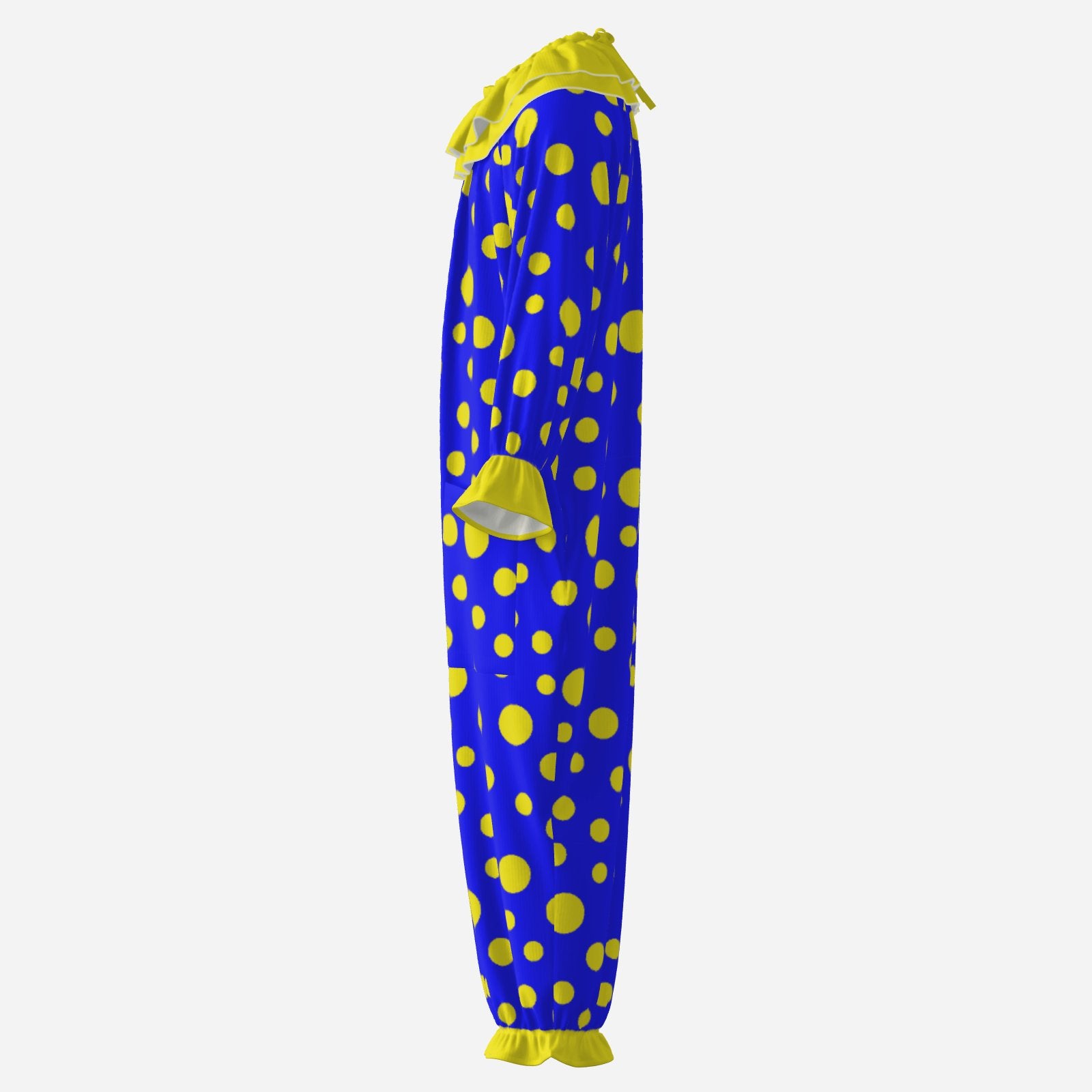 Circus Coveralls Blue Yellow Polkadots clown suit, side view
