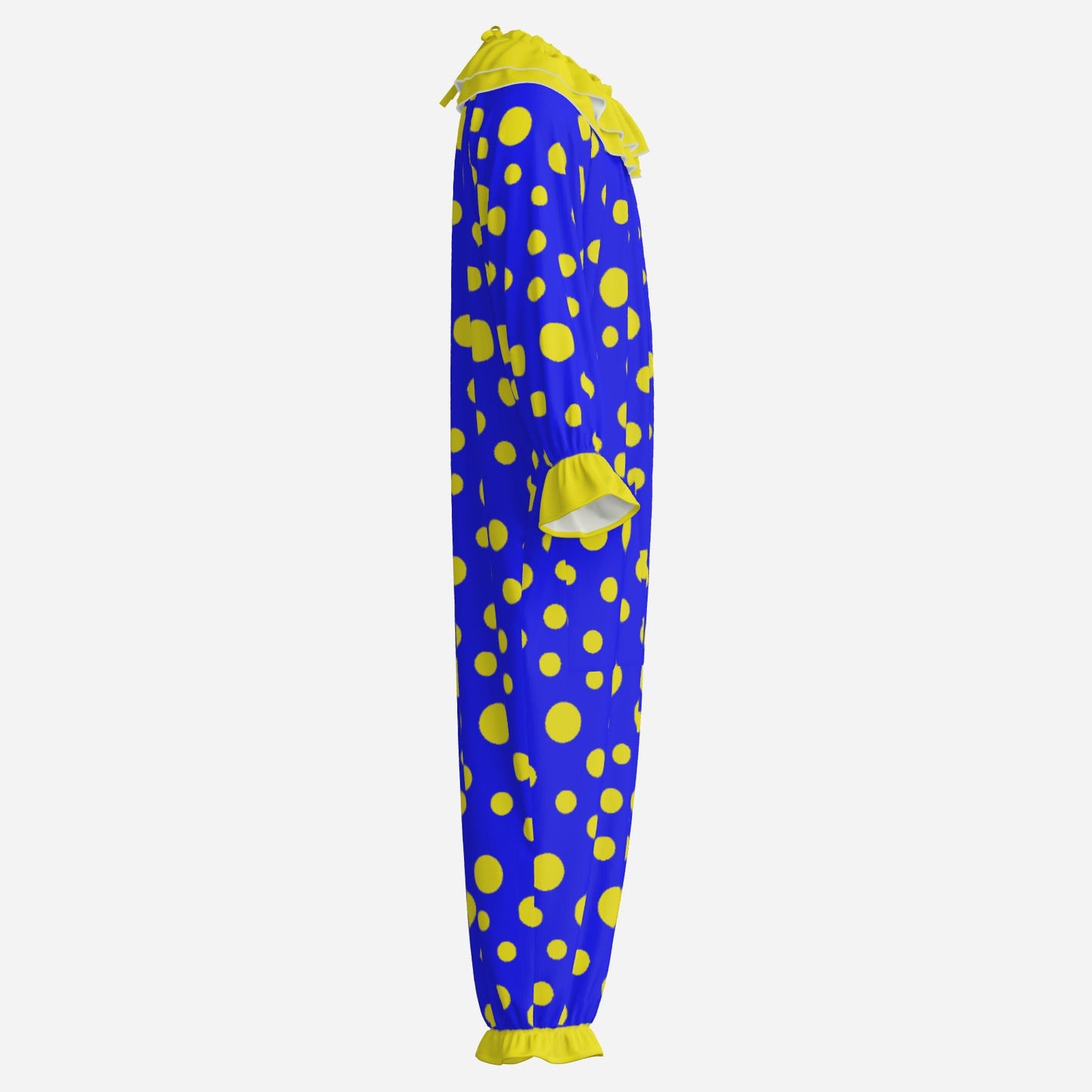 Circus Coveralls Blue Yellow Polkadots clown suit, side view