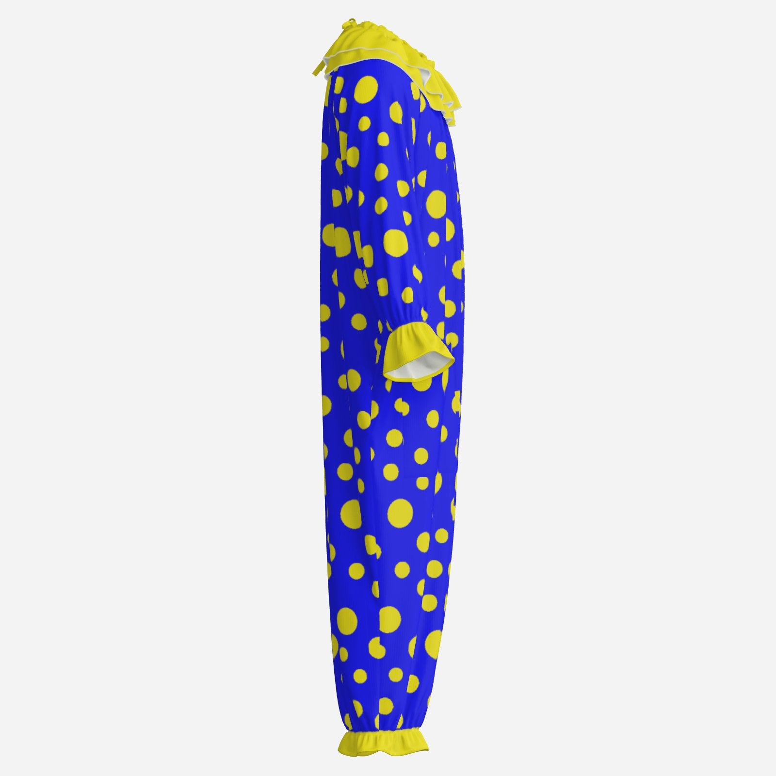 Circus Coveralls Blue Yellow Polkadots clown suit, side view