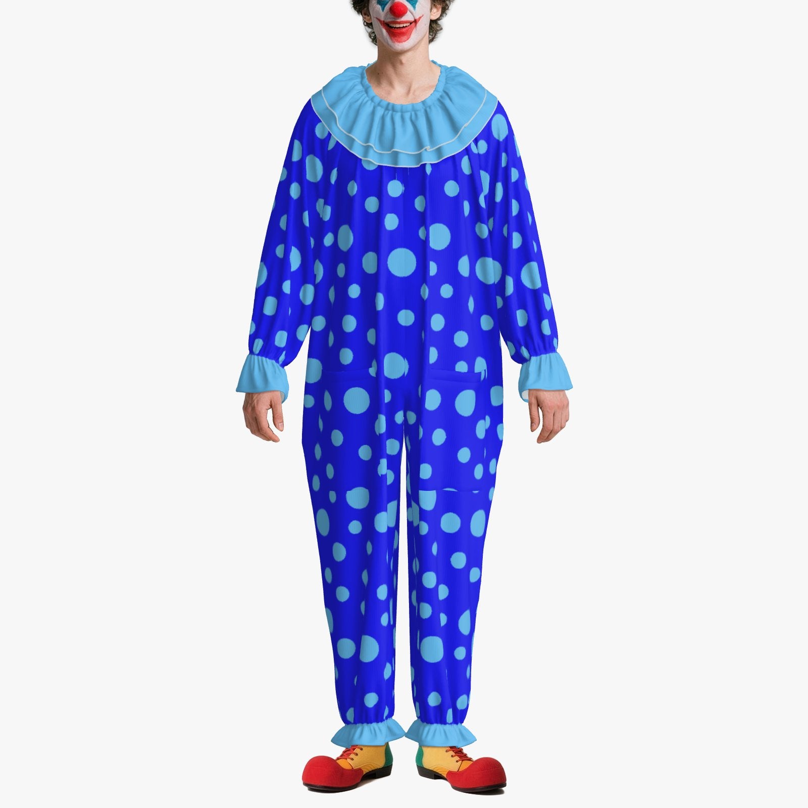 Circus Coveralls Blue Polkadots clown suit, on-model front view
