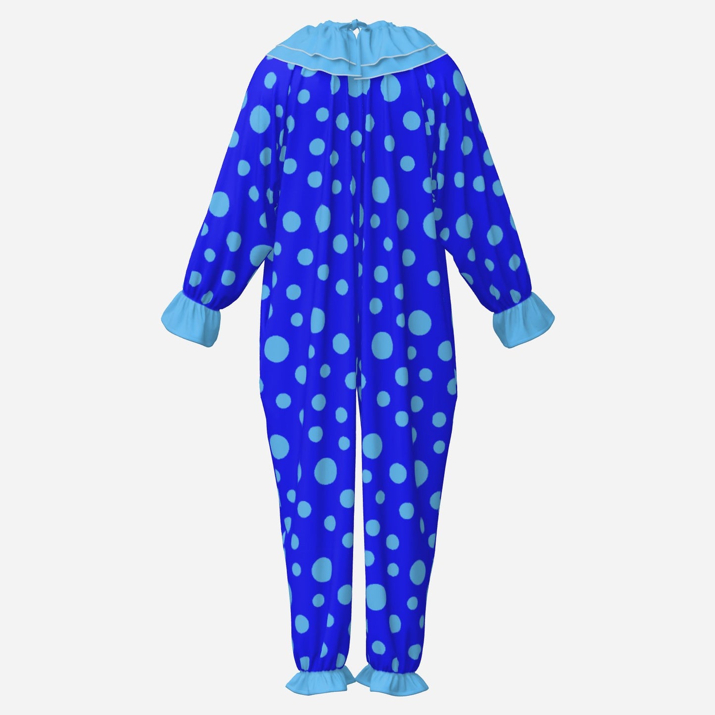 Circus Coveralls Blue Polkadots clown suit, ghost mannequin back view