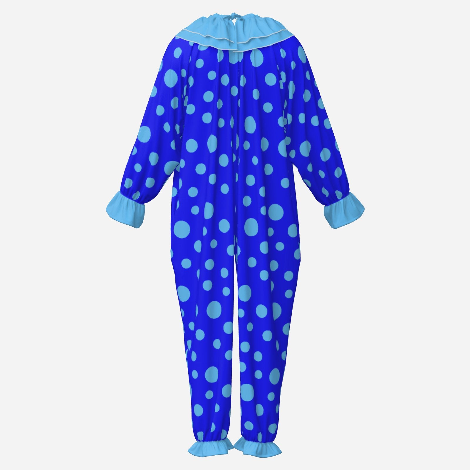 Circus Coveralls Blue Polkadots clown suit, ghost mannequin back view
