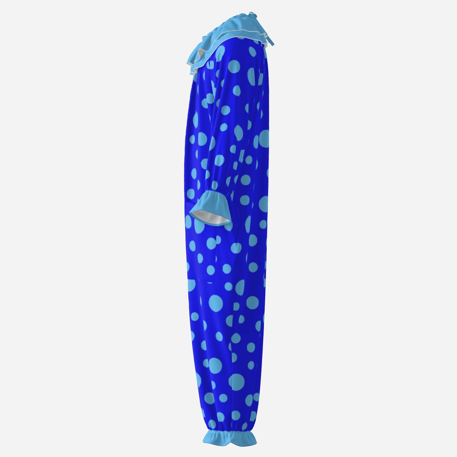 Circus Coveralls Blue Polkadots clown suit, side view