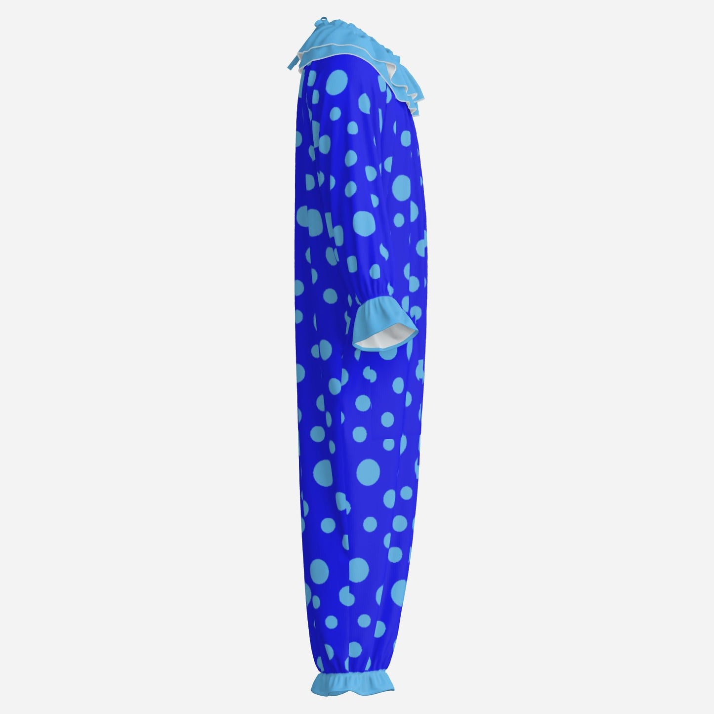 Circus Coveralls Blue Polkadots clown suit, side view