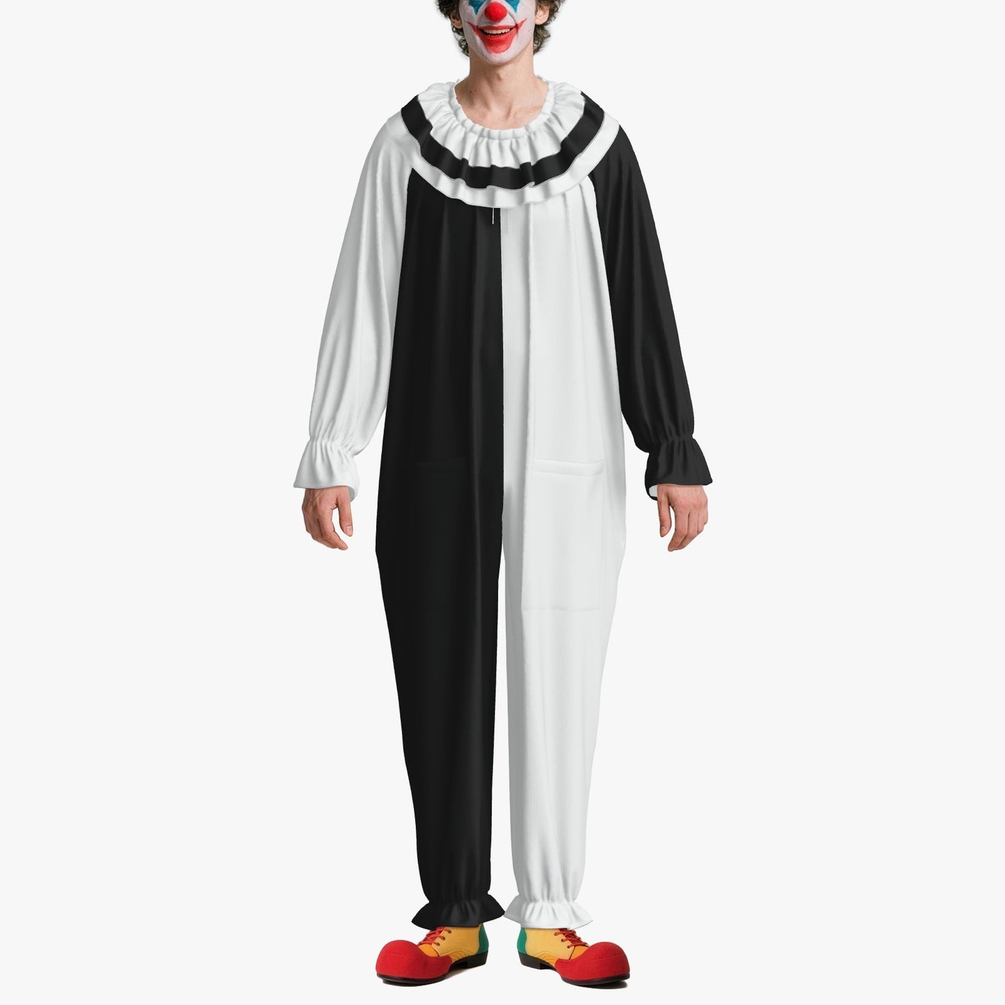 Circus Coveralls Pierrot Split Black White clown suit, on-model front view