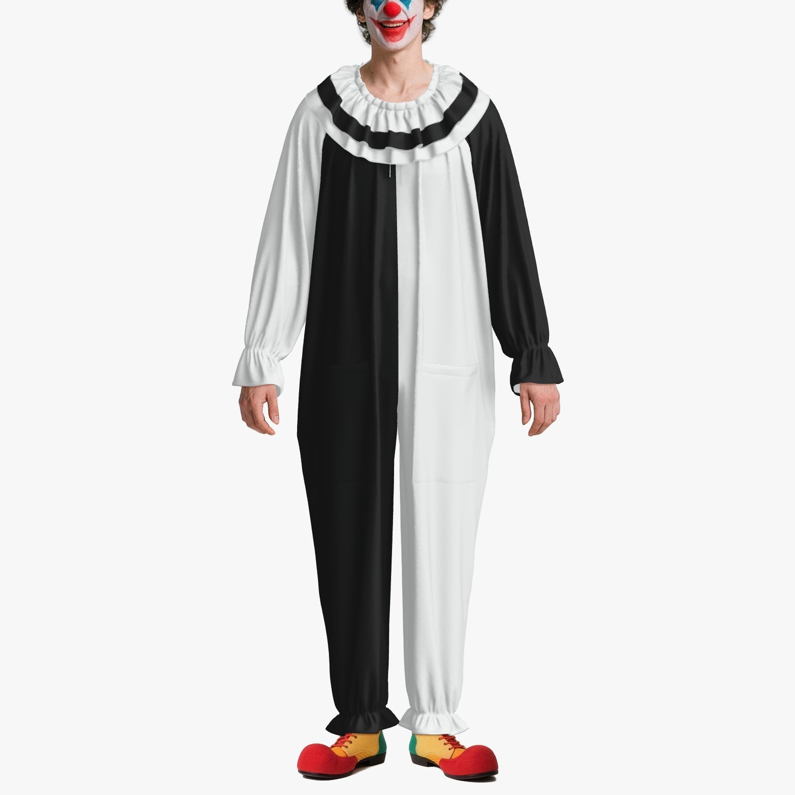 Circus Coveralls Pierrot Split Black White clown suit, on-model front view