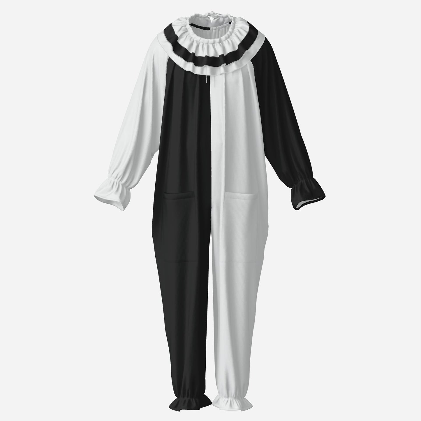 Circus Coveralls Pierrot Split Black White clown suit, ghost mannequin front view