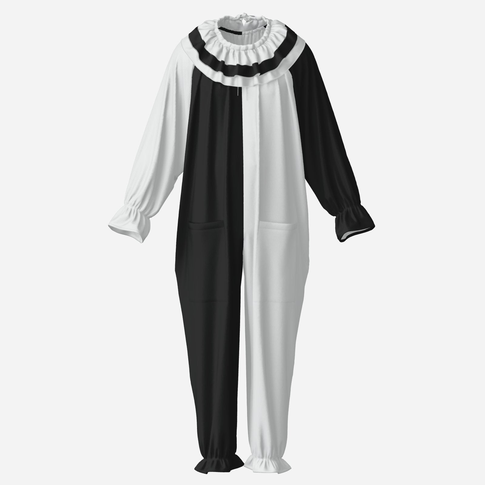 Circus Coveralls Pierrot Split Black White clown suit, ghost mannequin front view