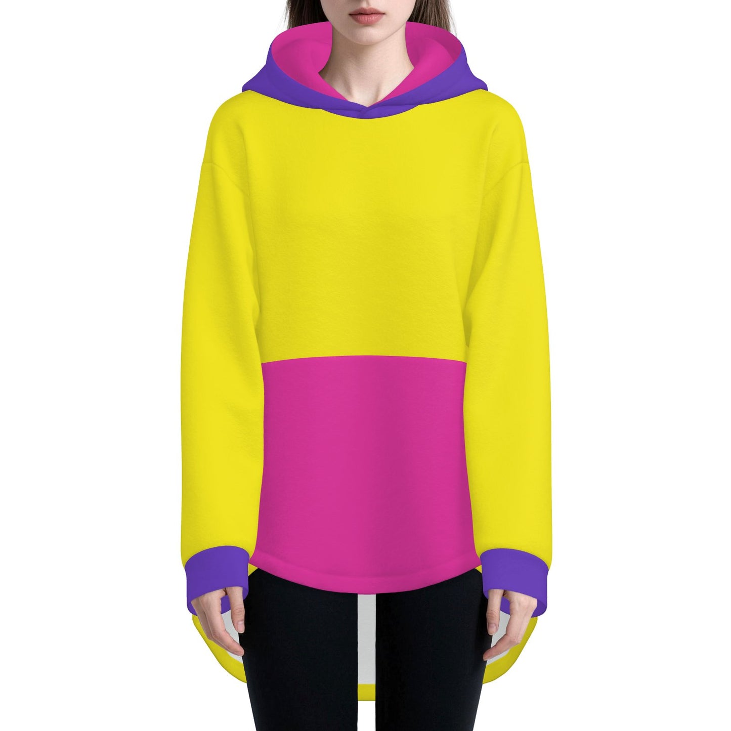 Cozy Bunny Hoodie Colorblock Yellow Hot Pink Purple Rabbit Ear Hooded Sweater
