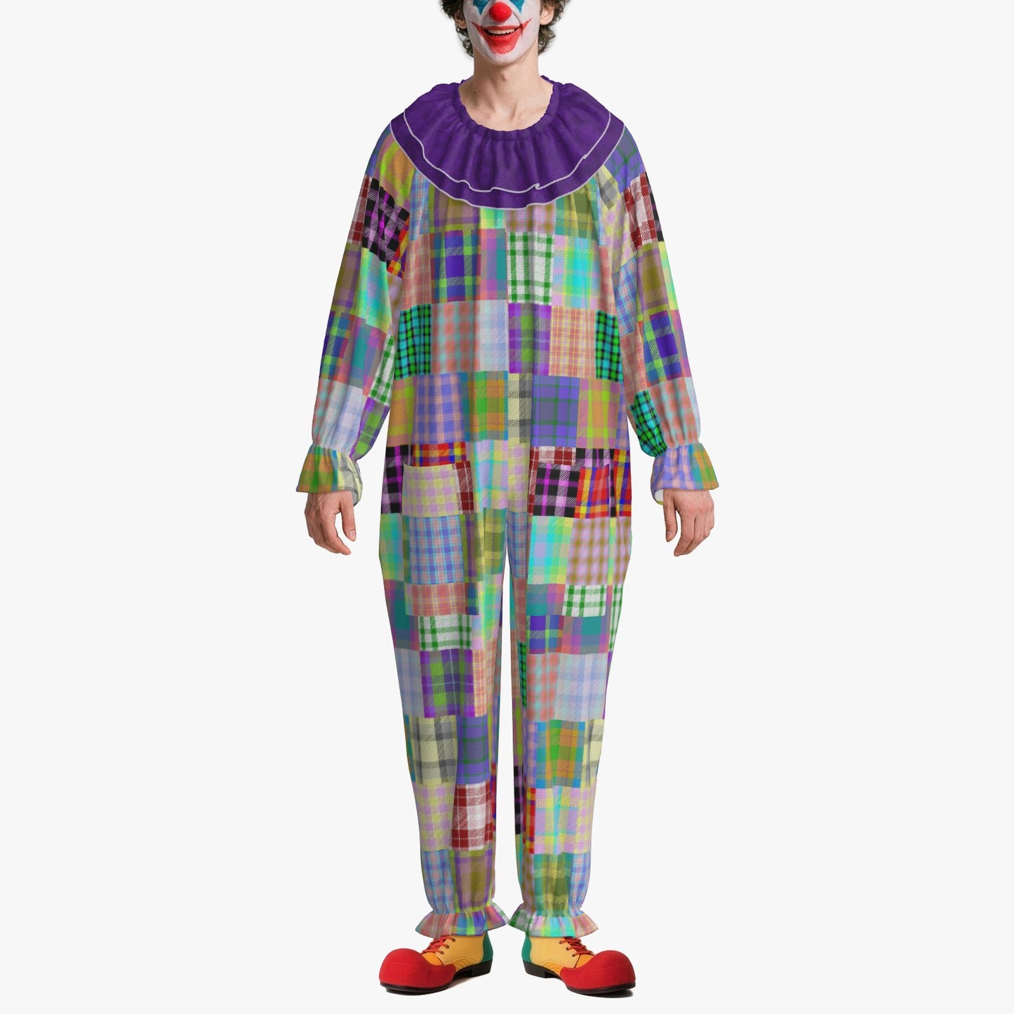 Circus Coveralls Patchalina Purple clown suit, on-model front view