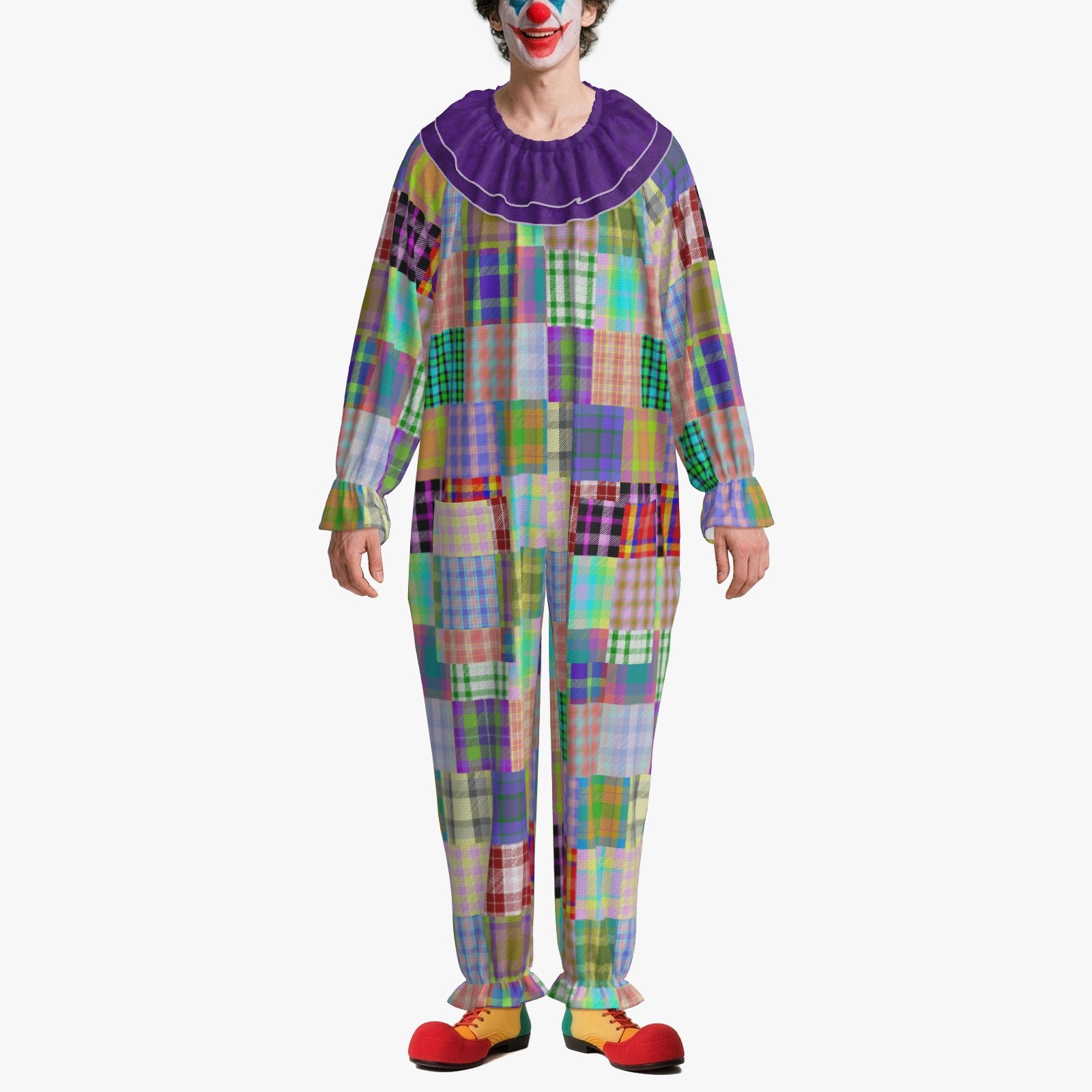 Circus Coveralls Patchalina Purple clown suit, on-model front view