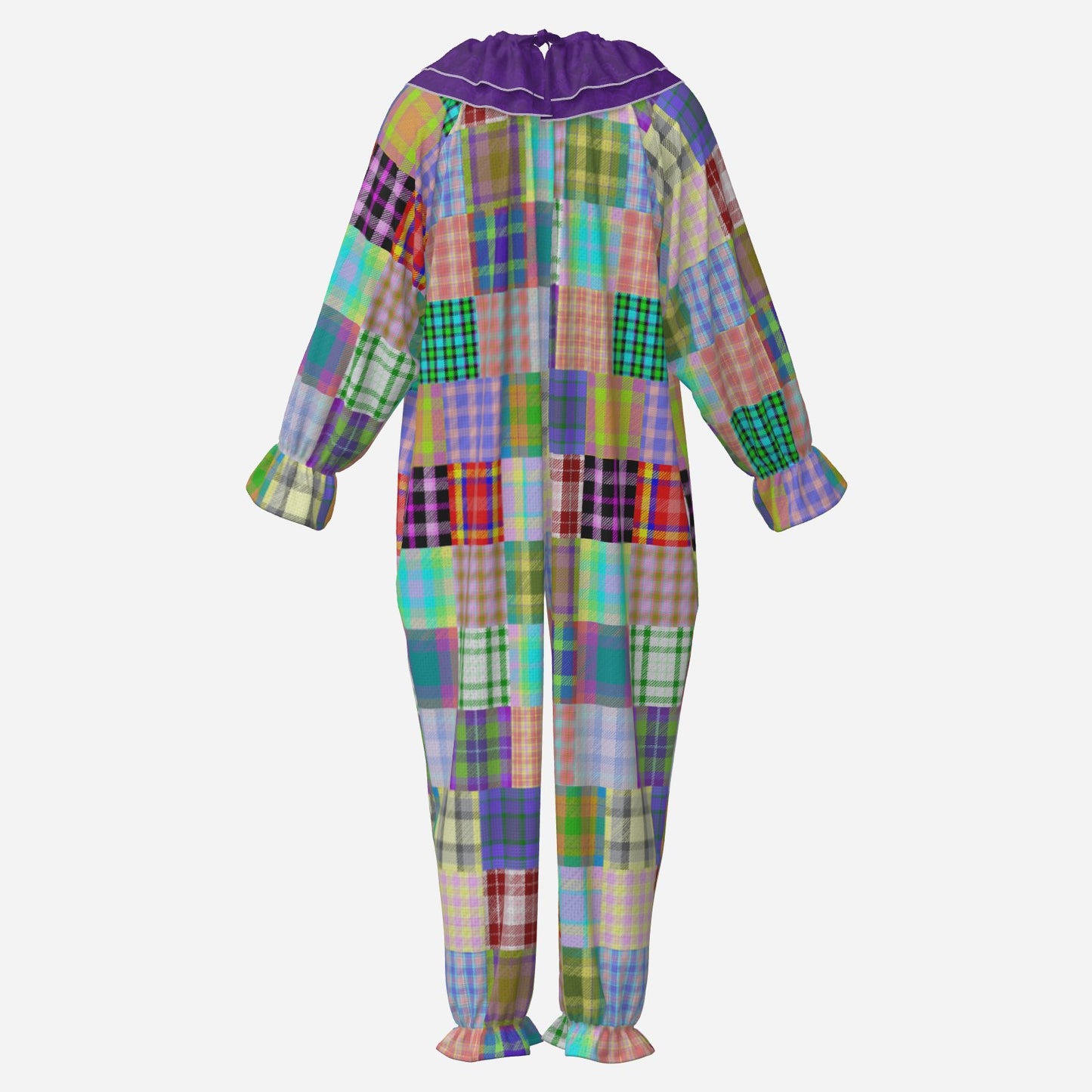 Circus Coveralls Patchalina Purple clown suit, ghost mannequin back view