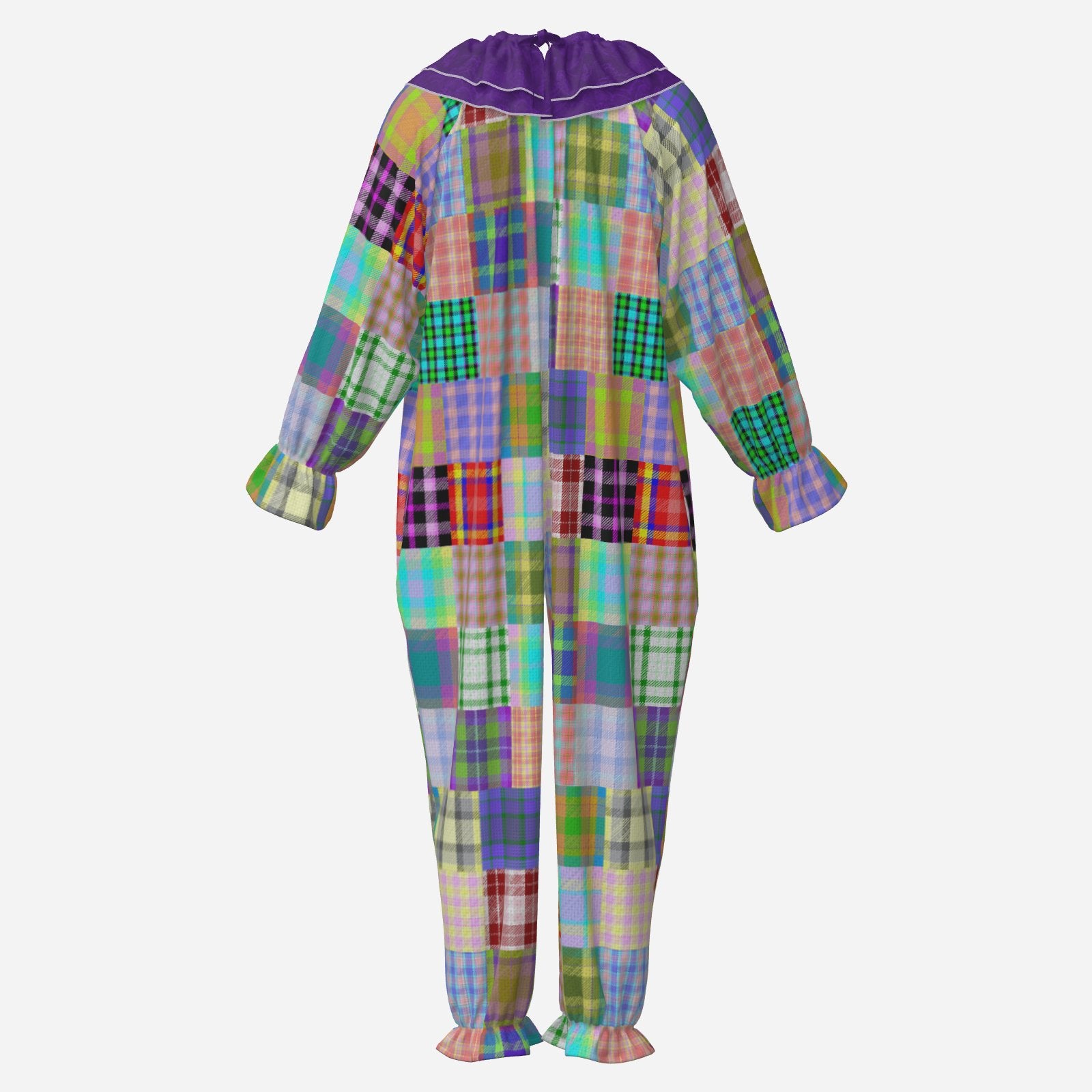 Circus Coveralls Patchalina Purple clown suit, ghost mannequin back view