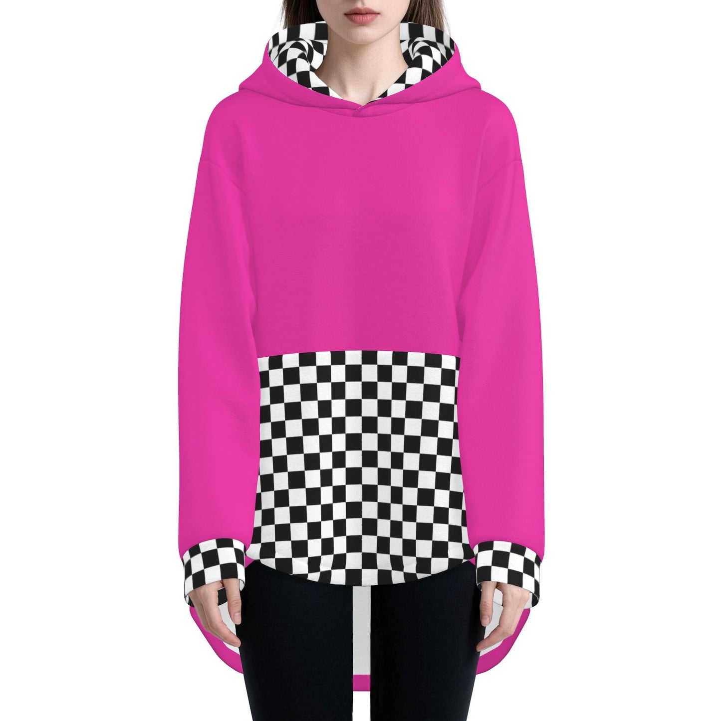 Cozy Bunny Hoodie Hot Pink Check Rabbit Ears Pullover Fuzzy Fleece Sweatshirt