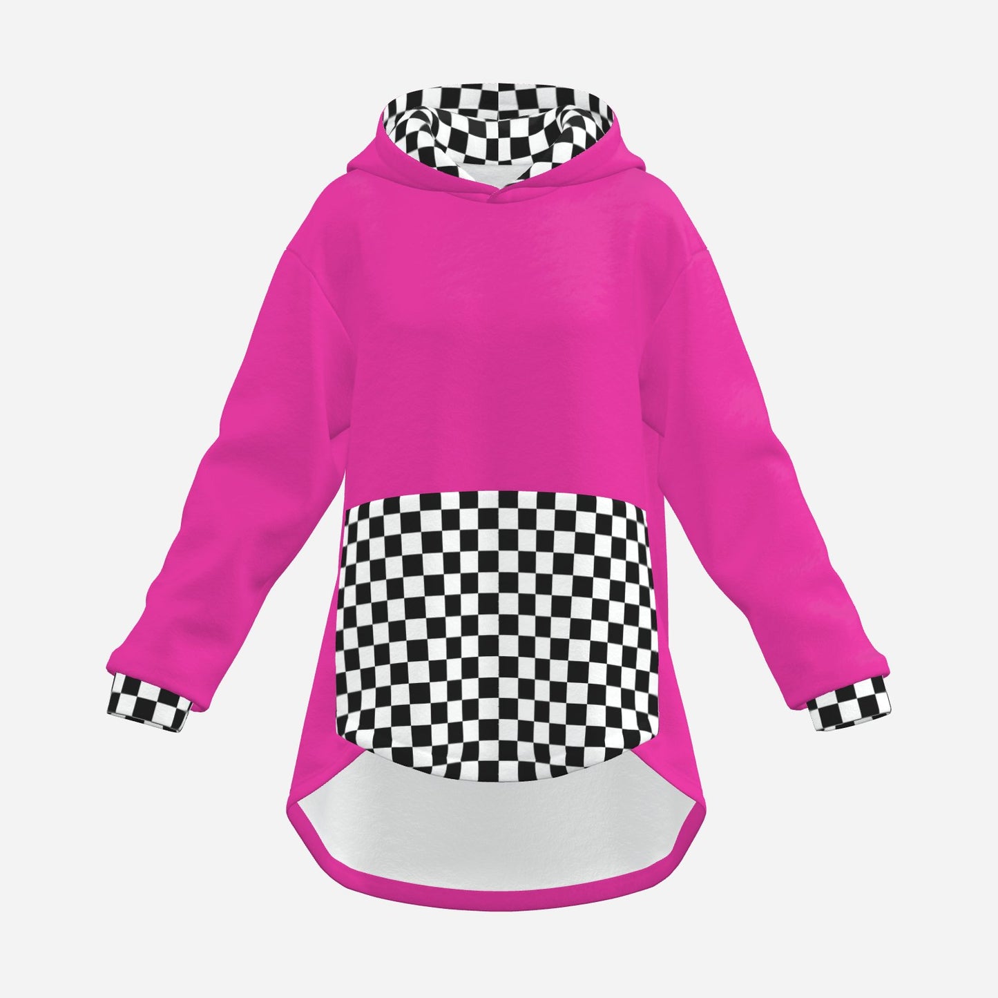 Cozy Bunny Hoodie Hot Pink Check Rabbit Ears Pullover Fuzzy Fleece Sweatshirt