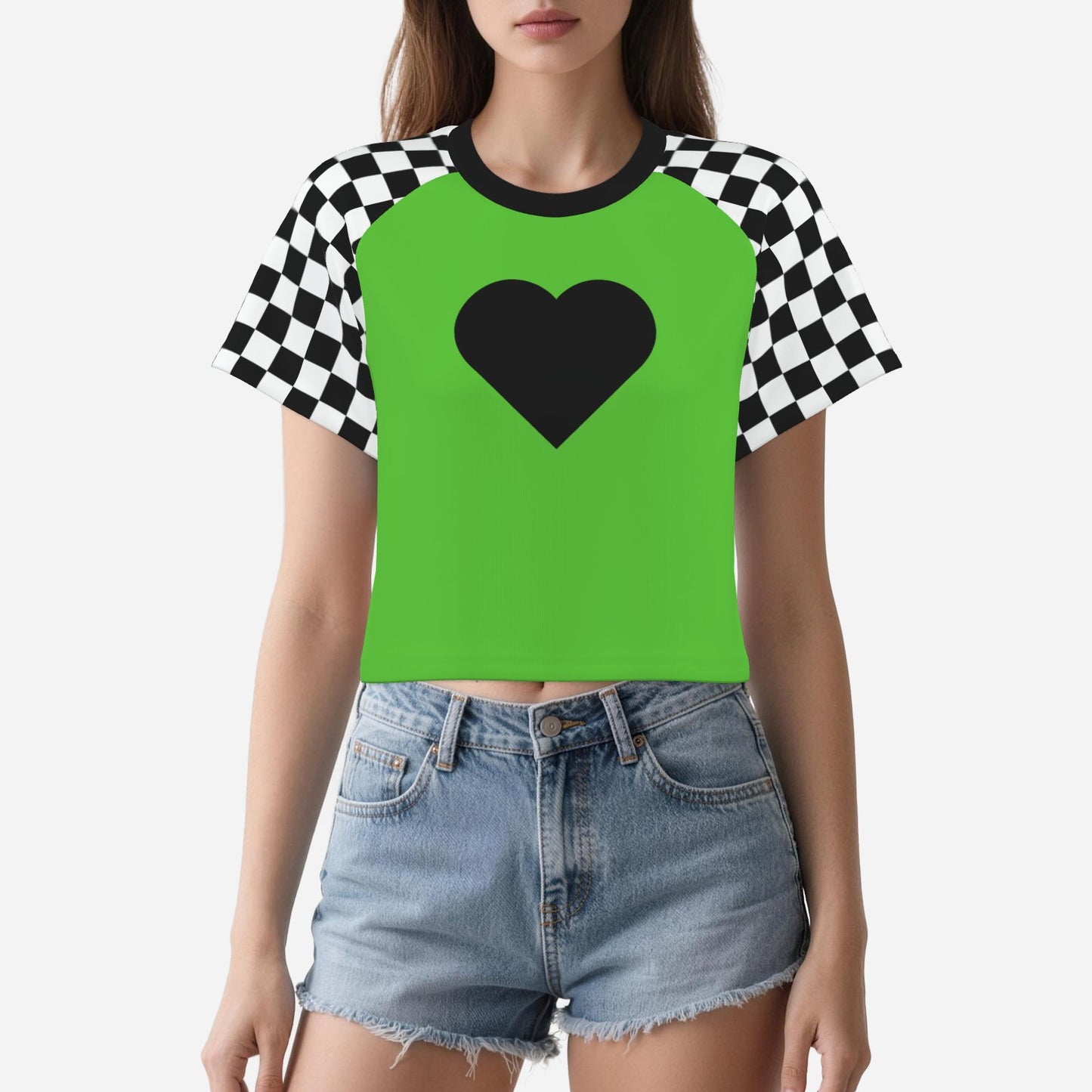 Boxy Crop Top Lime Green Check Scene Sweetheart Womens Cropped Tee Shirt