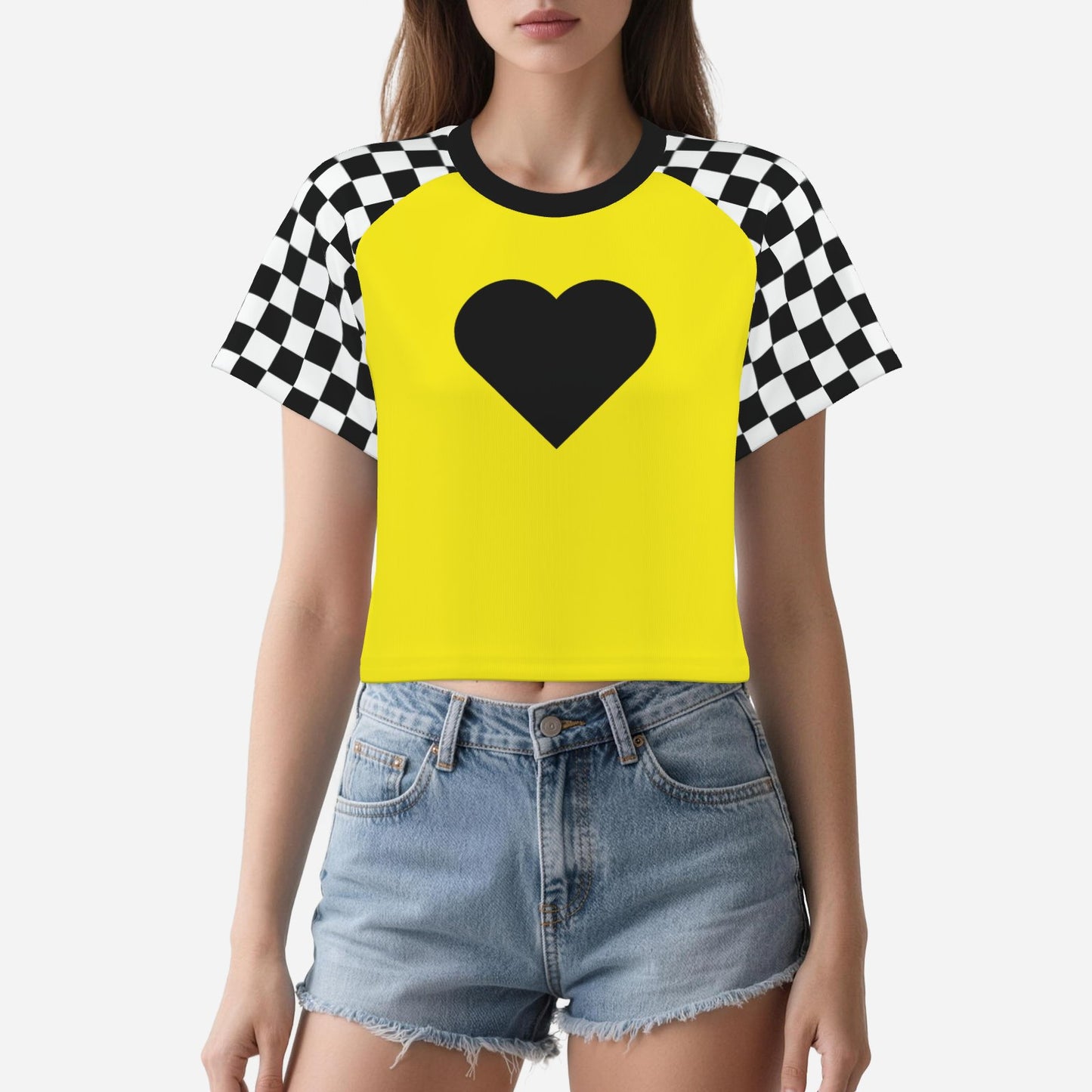 Boxy Crop Top Race Day Yellow Check Scene Sweetheart Womens Cropped Tee Shirt
