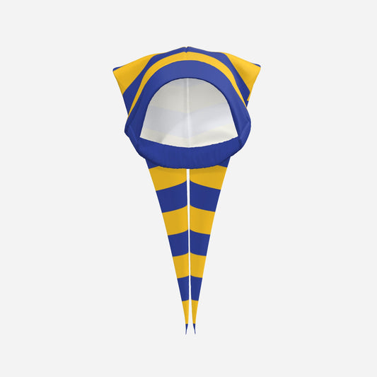 Fang Jester Hat Night Blue Golden Yellow Stripe Satin 2 Point Clown Cap