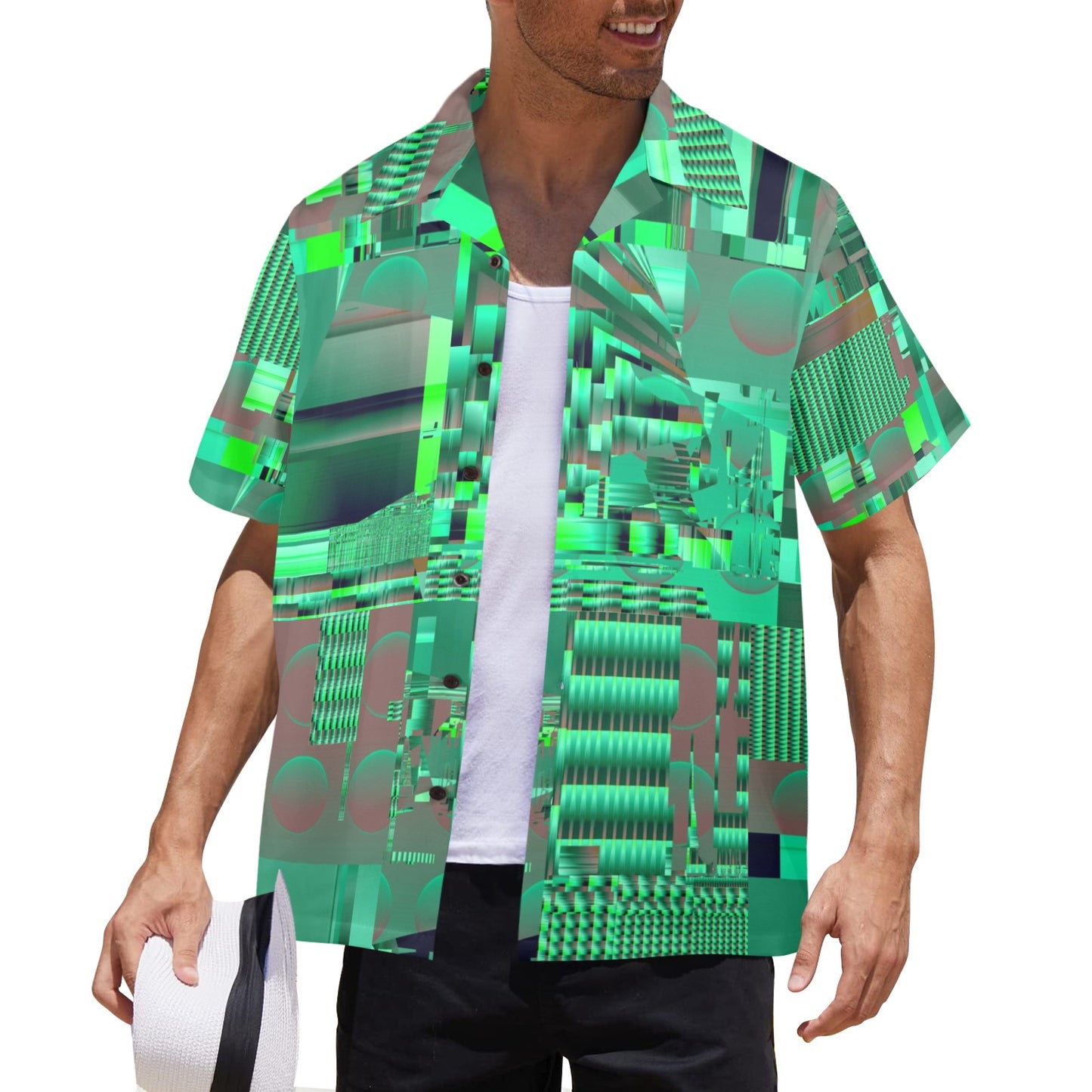 Person wearing a vibrant green patterned shirt with a white background