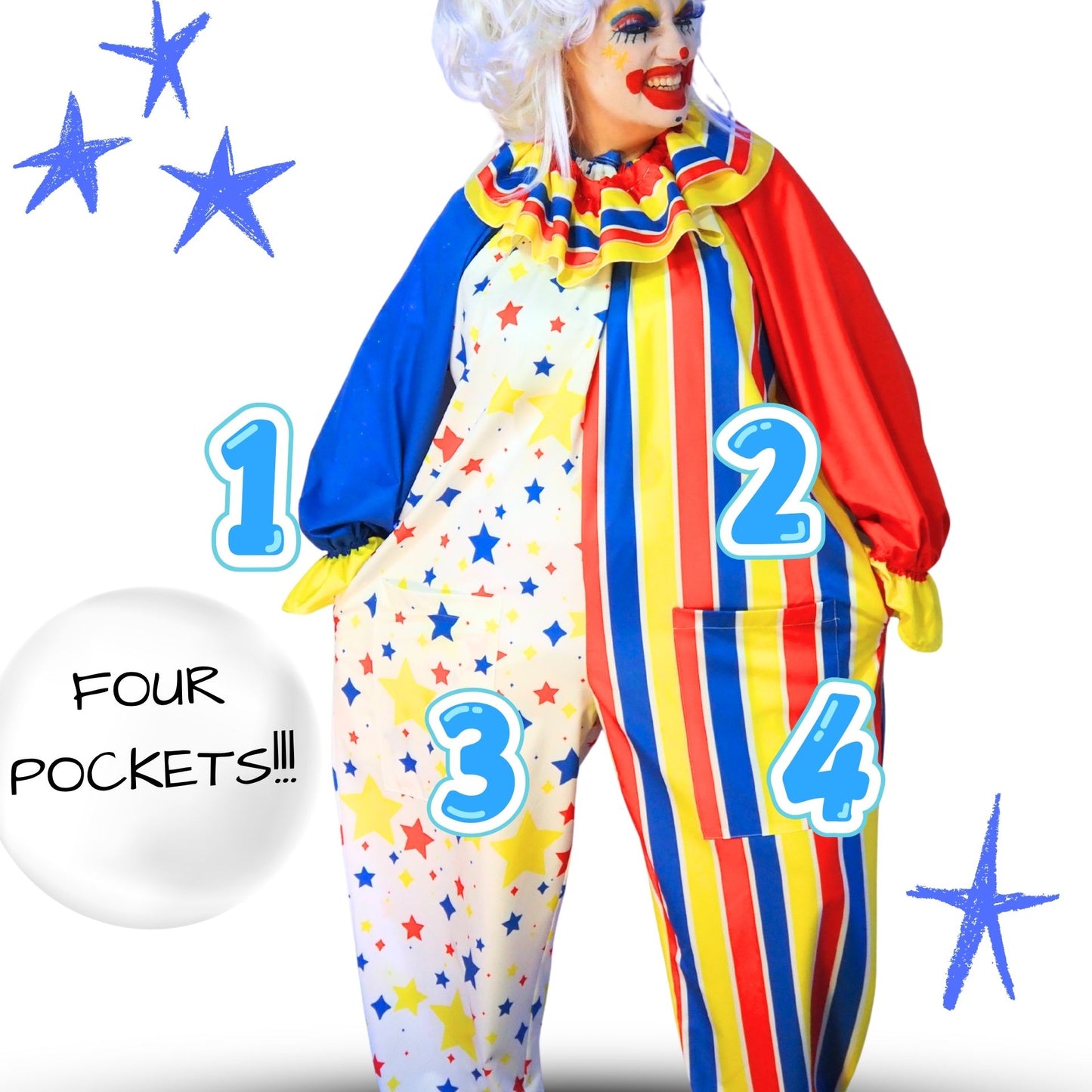Colorful clown costume with star patterns and text highlighting features on a white background