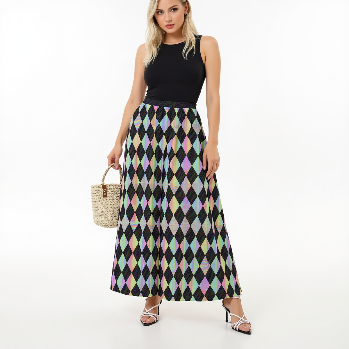 Holo Harlequin Diamond Maxi Skirt w Pockets