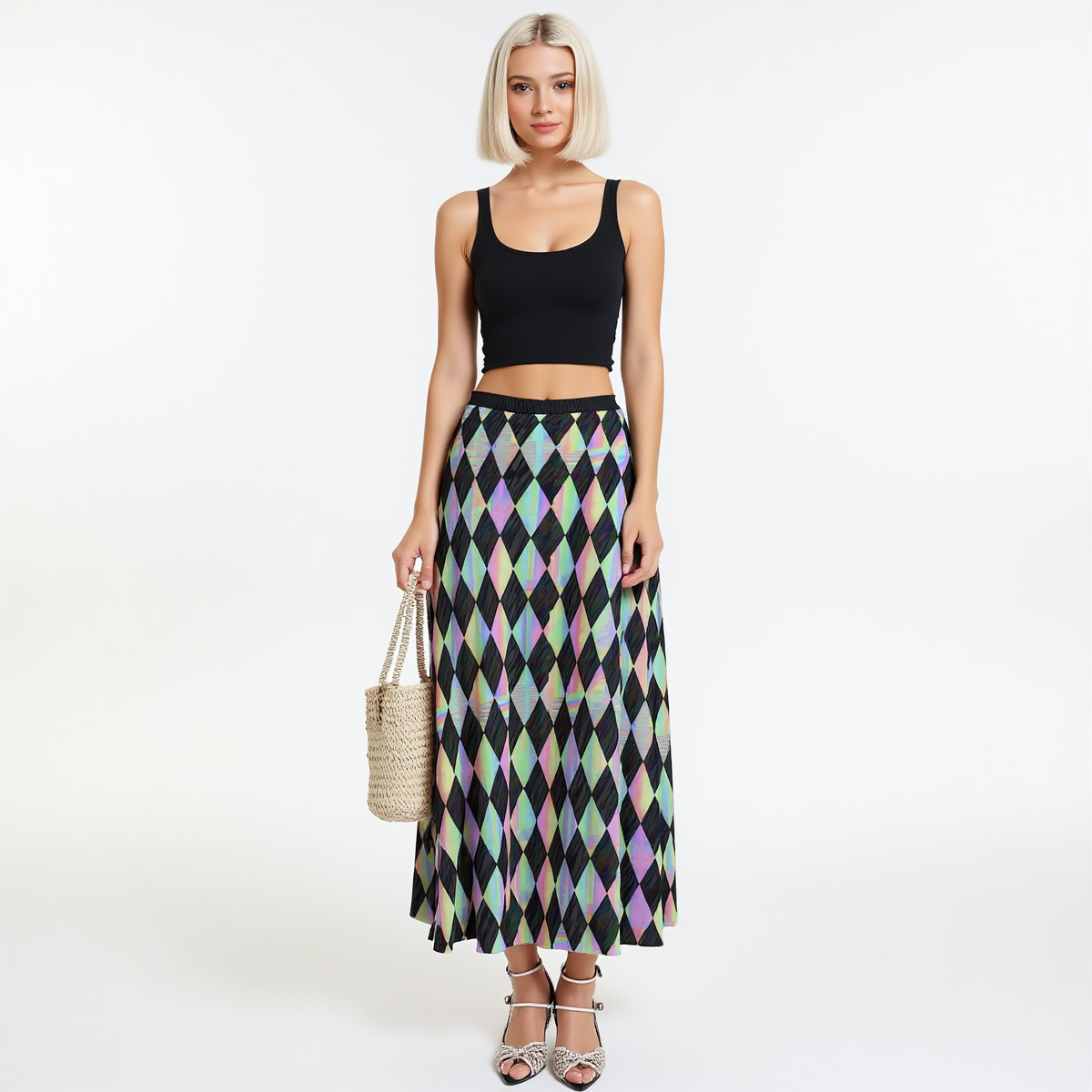 Holo Harlequin Diamond Maxi Skirt w Pockets