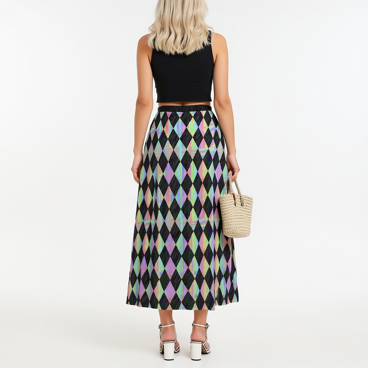 Holo Harlequin Diamond Maxi Skirt w Pockets