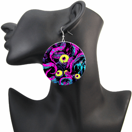 The Shoggy Eyeball Licker wood earrings | Lovecraftian Cthulhu Tentacle Monster Anime Style!