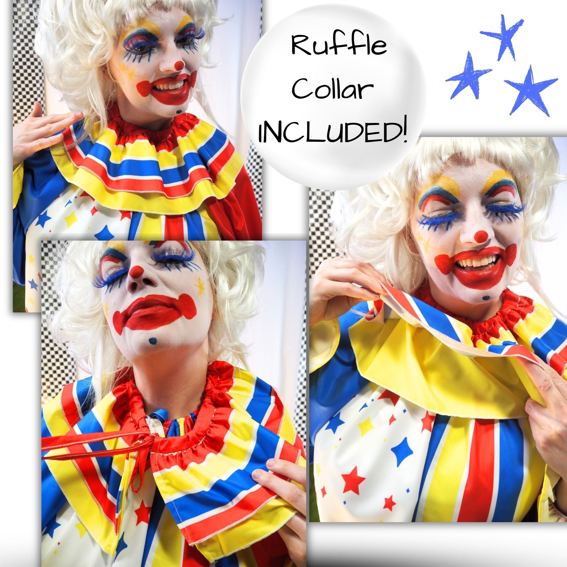 Clown costume with ruffled collar and colorful outfit