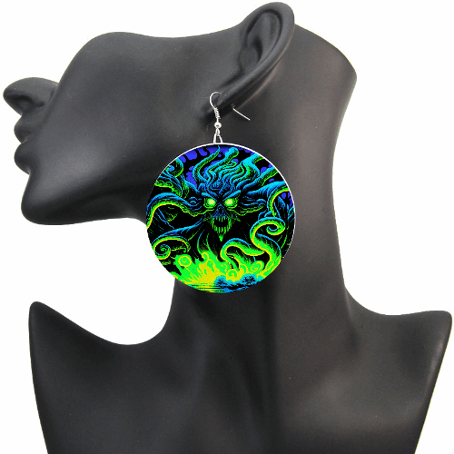 Neon Rager Sea Cryptid wood earrings