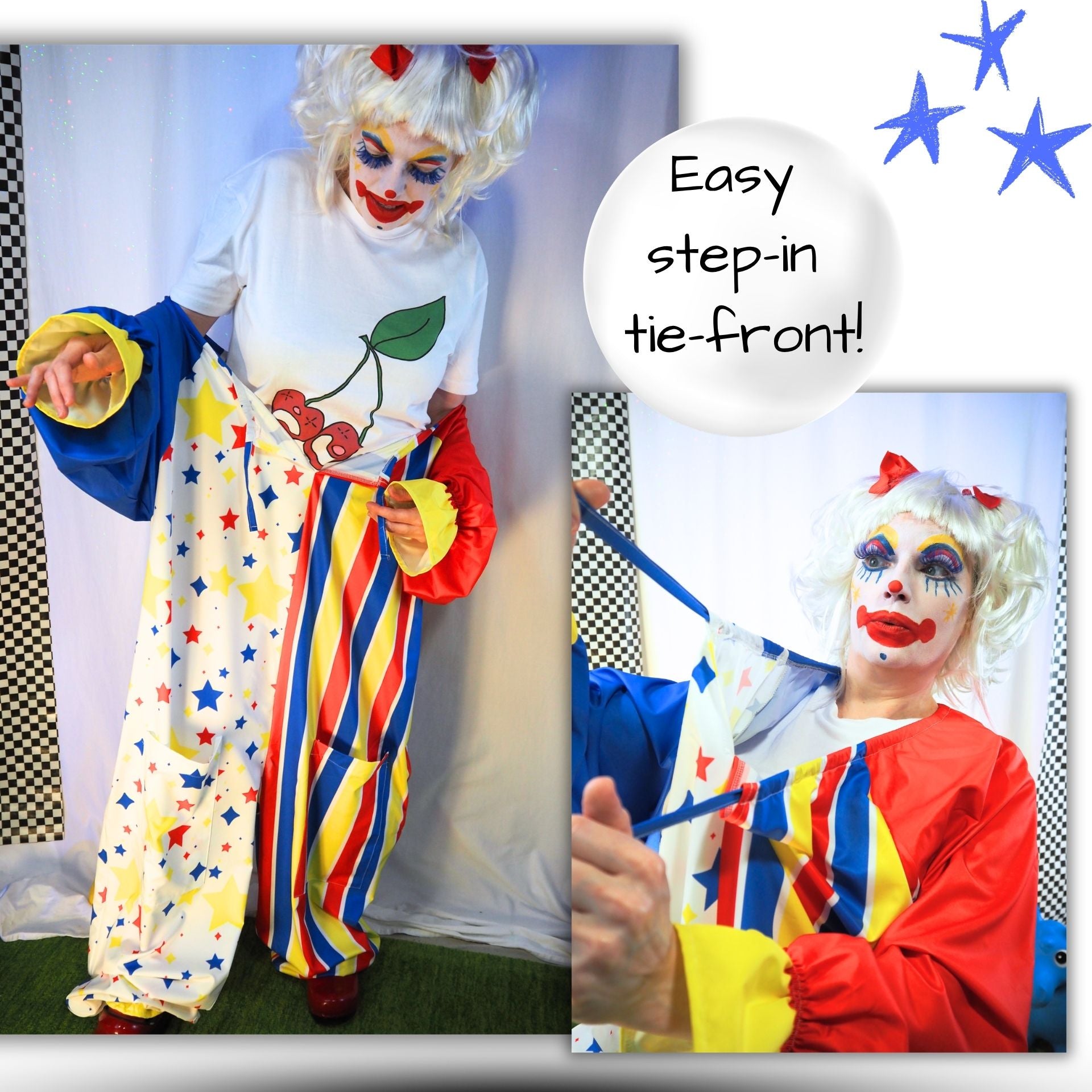 Clown costume with colorful outfit and face paint, featuring text 'Easy step-in tie-front!'.
